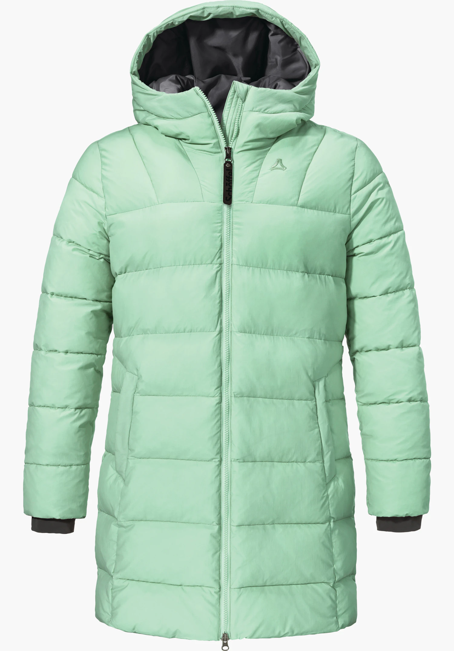 Ins Parka Style Boslix WMS manteau matelassé vert clair à capuche, fermé sur l’avant; logo Schöffel sur la poitrine et tirette de zip avec inscription « Schöffel »; doublure de capuche grise, fond blanc.