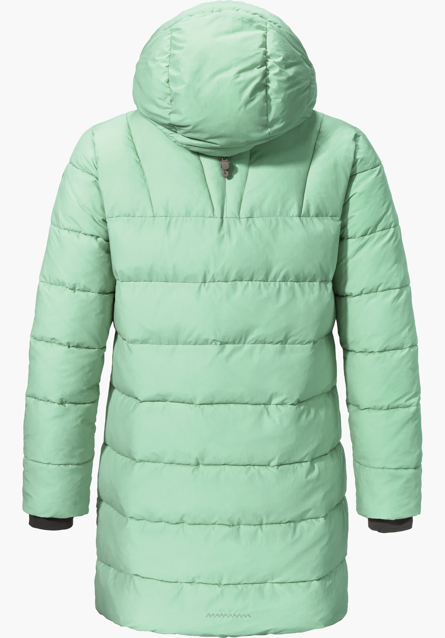 Ins Parka Style Boslix WMS Manteau matelassé vert clair avec capuche, vue de dos; motif matelassé, manches longues, longueur mi-longue, fond clair neutre.