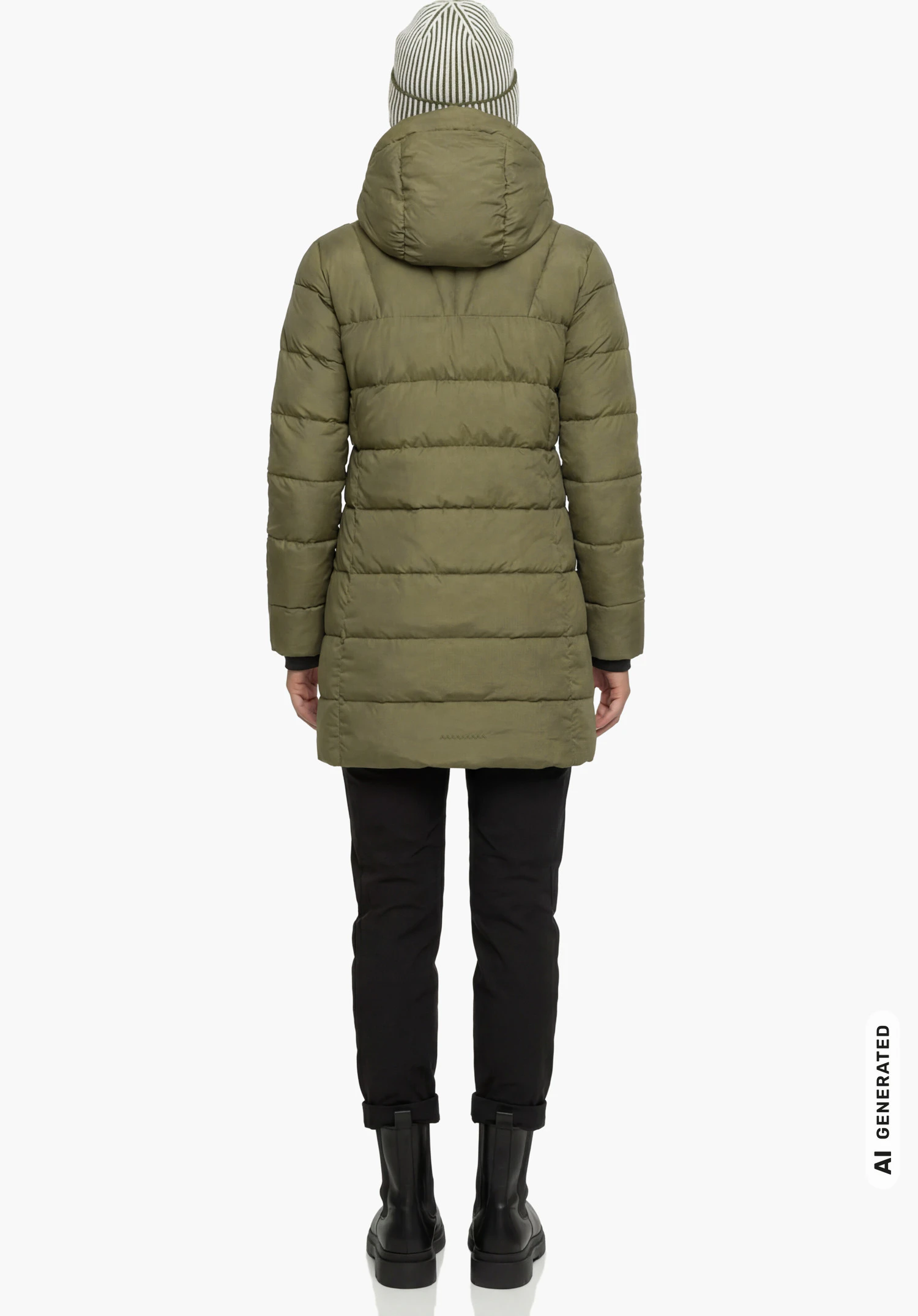 Ins Parka Style Boslix WMS in groen, gedragen door een vrouwelijk model dat rechtop staat en van achteren wordt getoond met de armen langs het lichaam en opgezette capuchon tegen een witte achtergrond. (AI-gegenereerd)