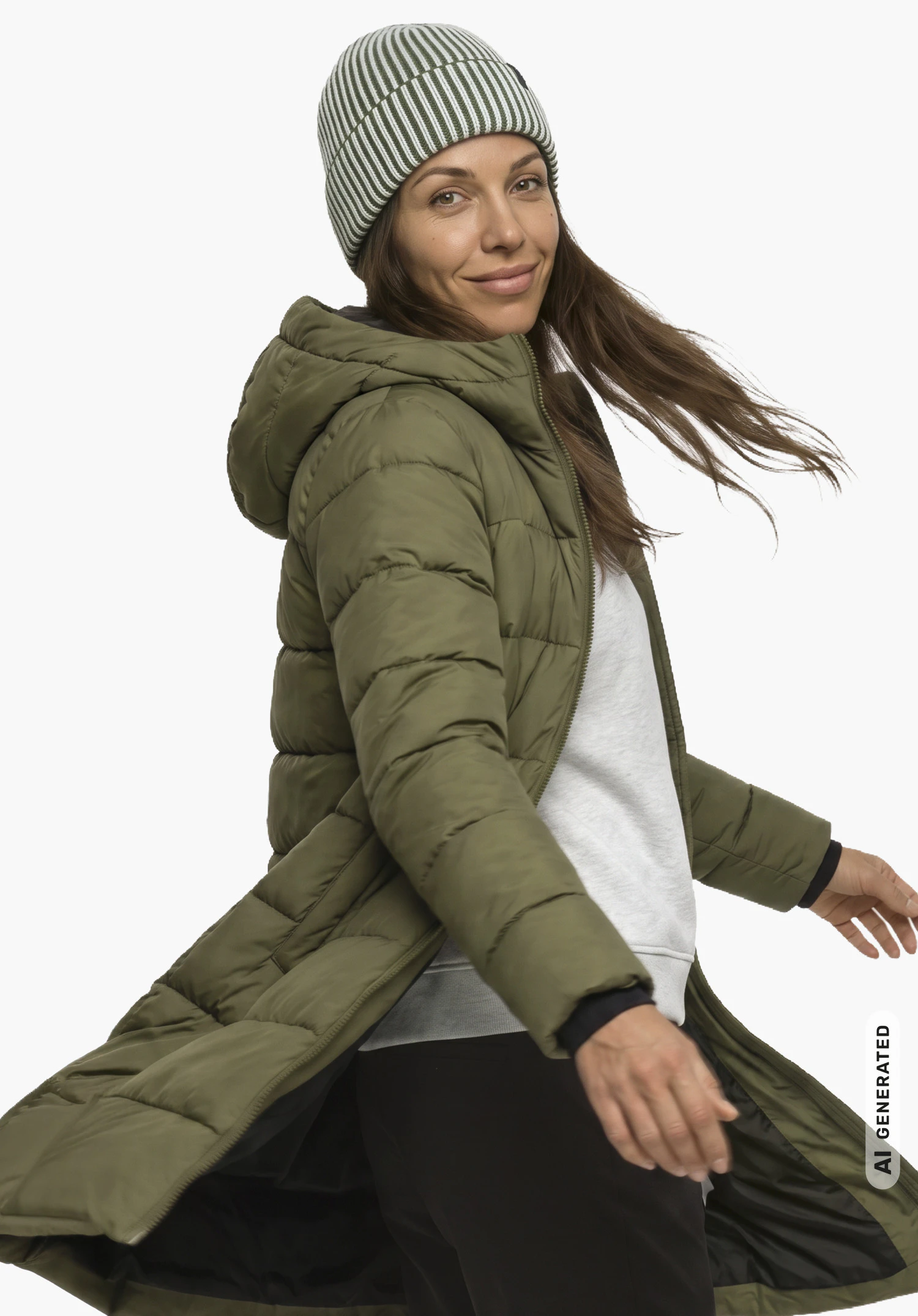 Ins Parka Style Boslix WMS in het groen, gedragen door een vrouwelijk model in een rechtopstaande houding en zij-aanzicht met wapperend haar, de armen licht gebogen, tegen een witte achtergrond. (Door AI gegenereerd)
