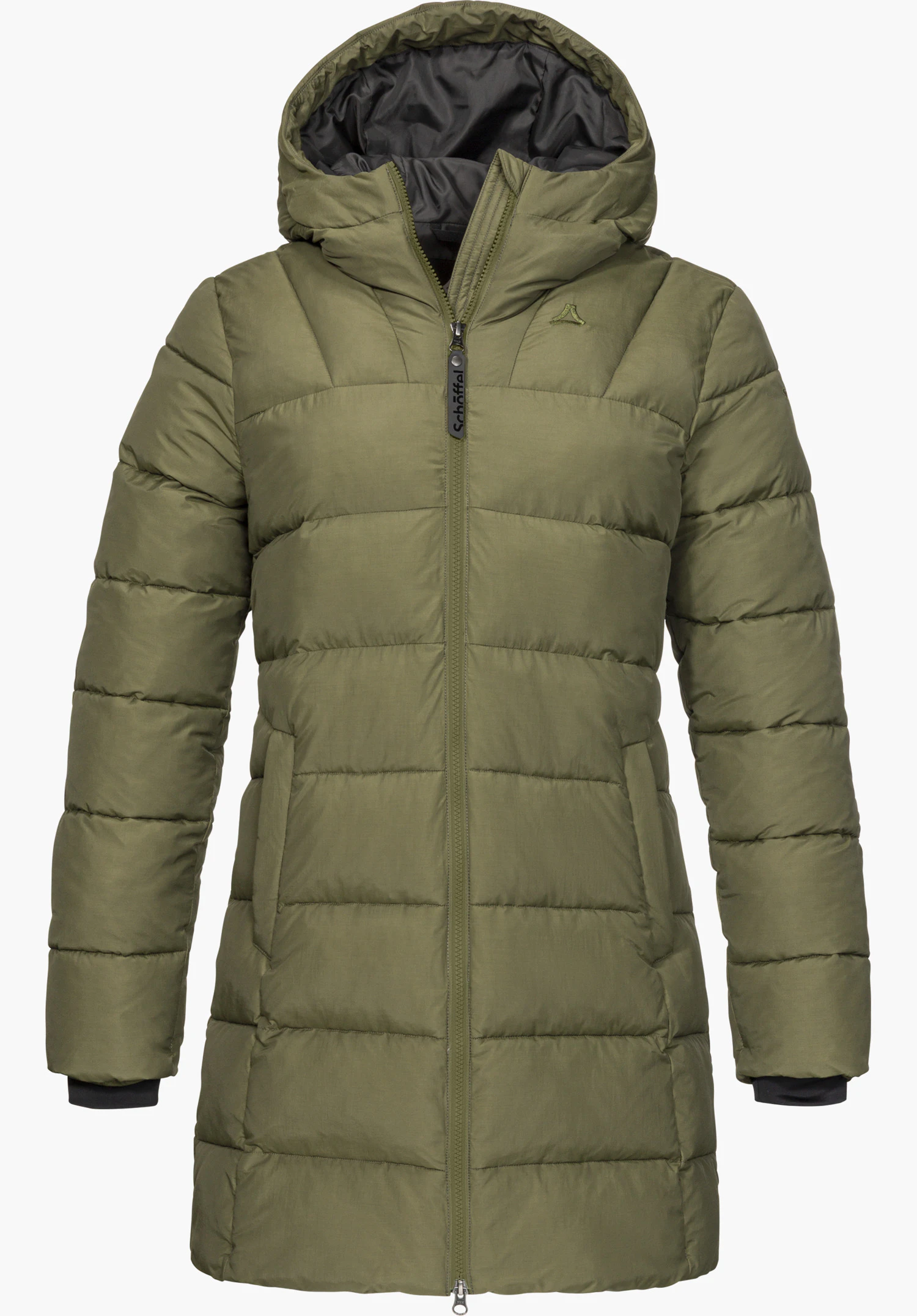 Ins Parka Style Boslix WMS in groen met capuchon, doorlopende ritssluiting, ton-sur-ton Schöffel-logo op de borst en Schöffel-opschrift op de ritstrekker, vrijstaand op een witte achtergrond.