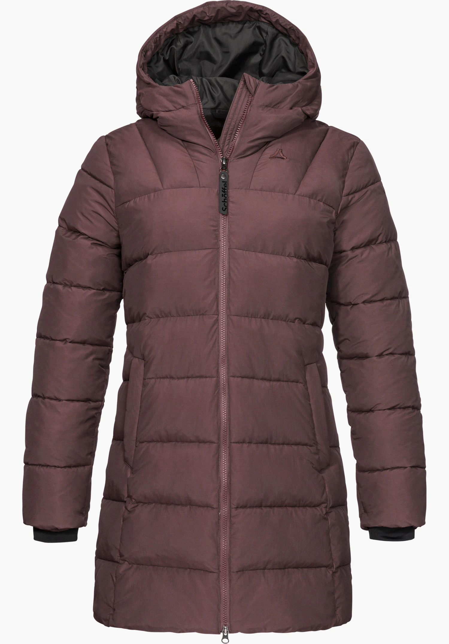 Ins Parka Style Boslix WMS in purple with a hood, full-length zipper, visible Schöffel lettering on the zipper pull and subtle embroidered Schöffel logo, isolated on a white background.