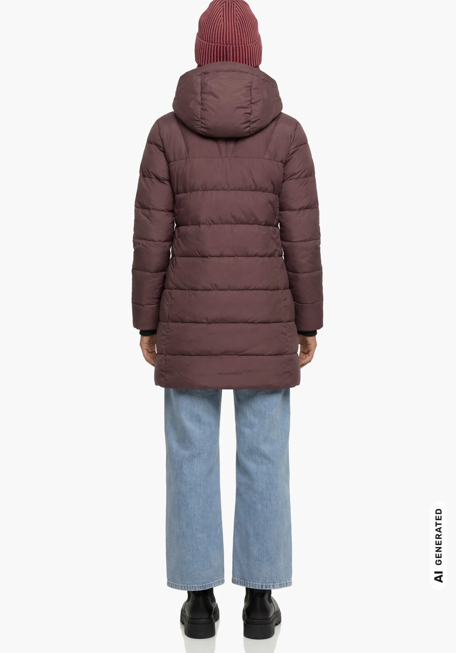 Ins Parka Style Boslix WMS in paars, gedragen door een vrouwelijk model dat rechtop staat en van achteren wordt getoond met de armen langs het lichaam, gecombineerd met een blauwe spijkerbroek, een rode muts en zwart schoeisel tegen een witte achtergrond. (AI-gegenereerd)