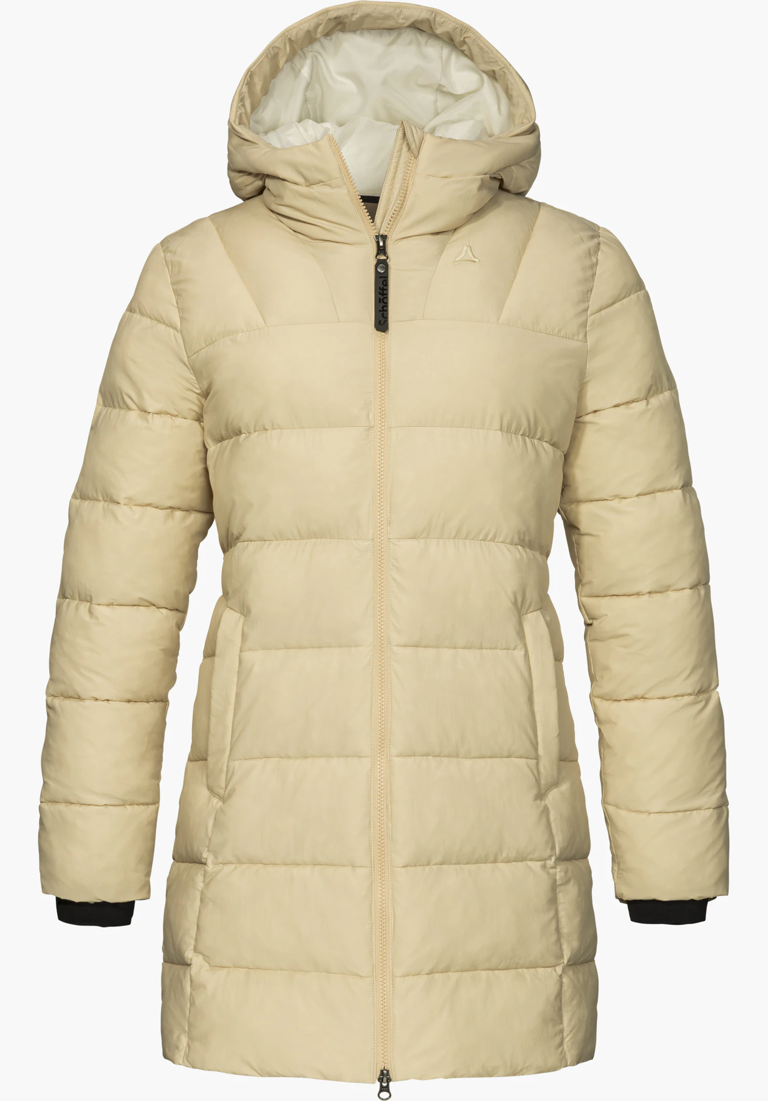 Ins Parka Style Boslix WMS in beige with a hood and Schöffel logo, shown from the front and isolated on a white background.