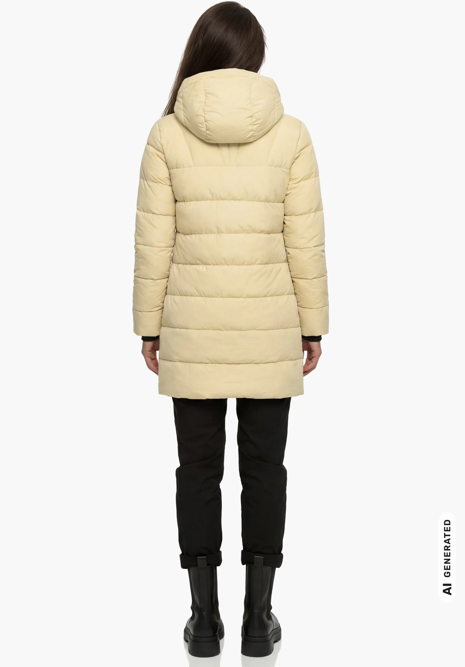 Ins Parka Style Boslix WMS in beige, gedragen door een vrouwelijk model dat rechtop staat en van achteren wordt getoond met opgezette capuchon tegen een witte achtergrond. (AI-gegenereerd)