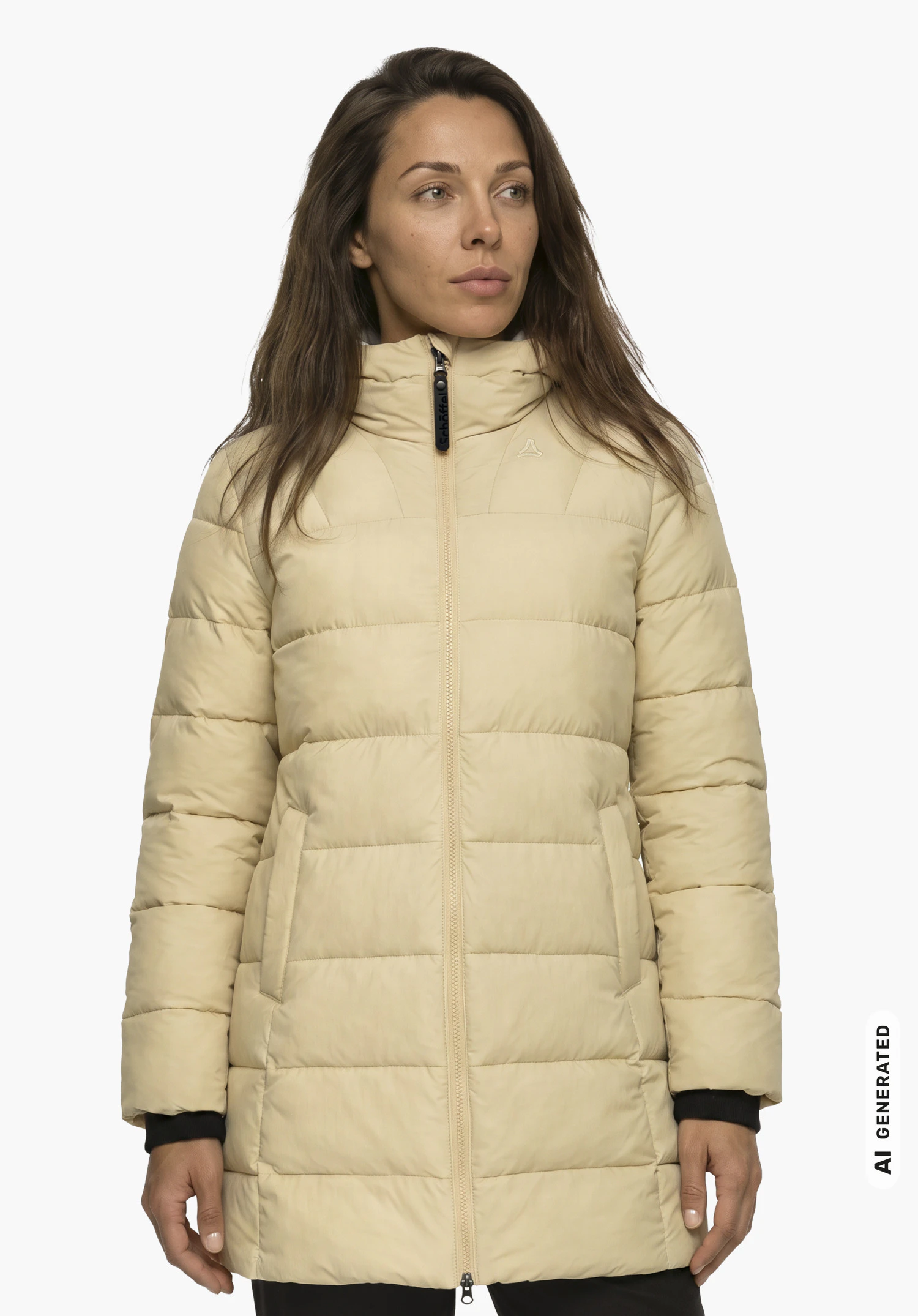 Ins Parka Style Boslix WMS in beige, getragen von einem weiblichen Model in Seitenansicht mit aufrechtem Stand und entspannten Armen vor weißem Hintergrund. (KI-generiert)