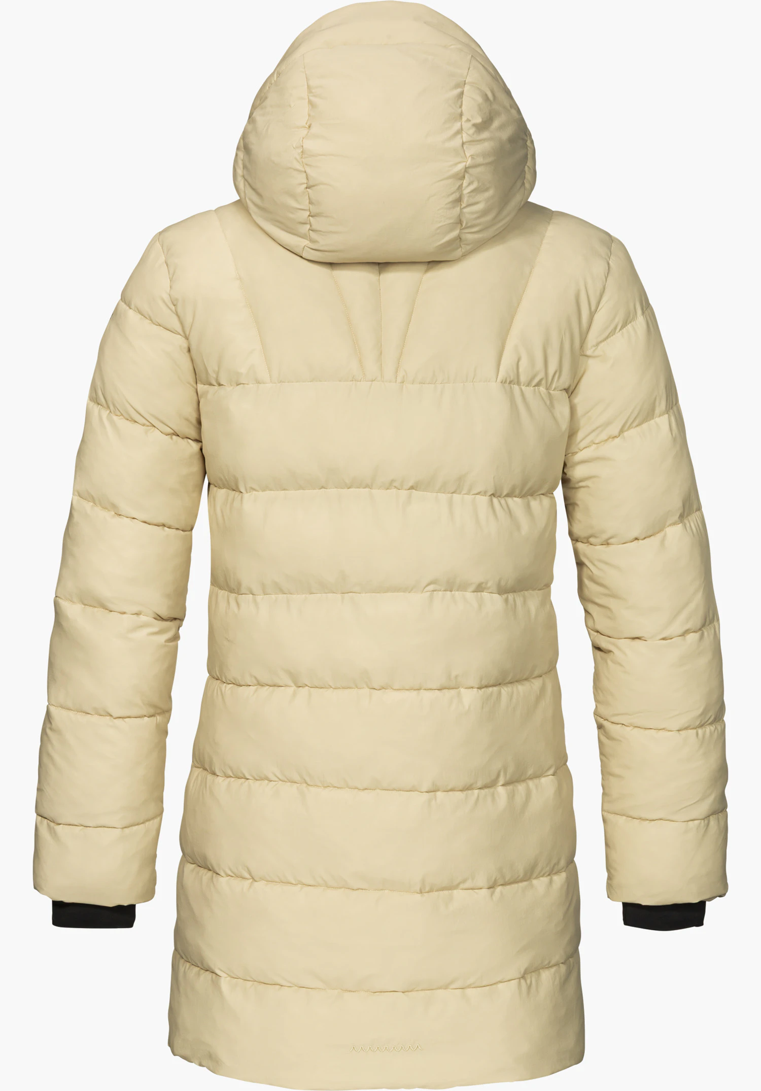 Ins Parka Style Boslix WMS in beige, achteraanzicht met gevoerde capuchon, horizontale stiknaden en subtiel Schöffel-opschrift aan de onderste zoom, vrijstaand op een witte achtergrond.