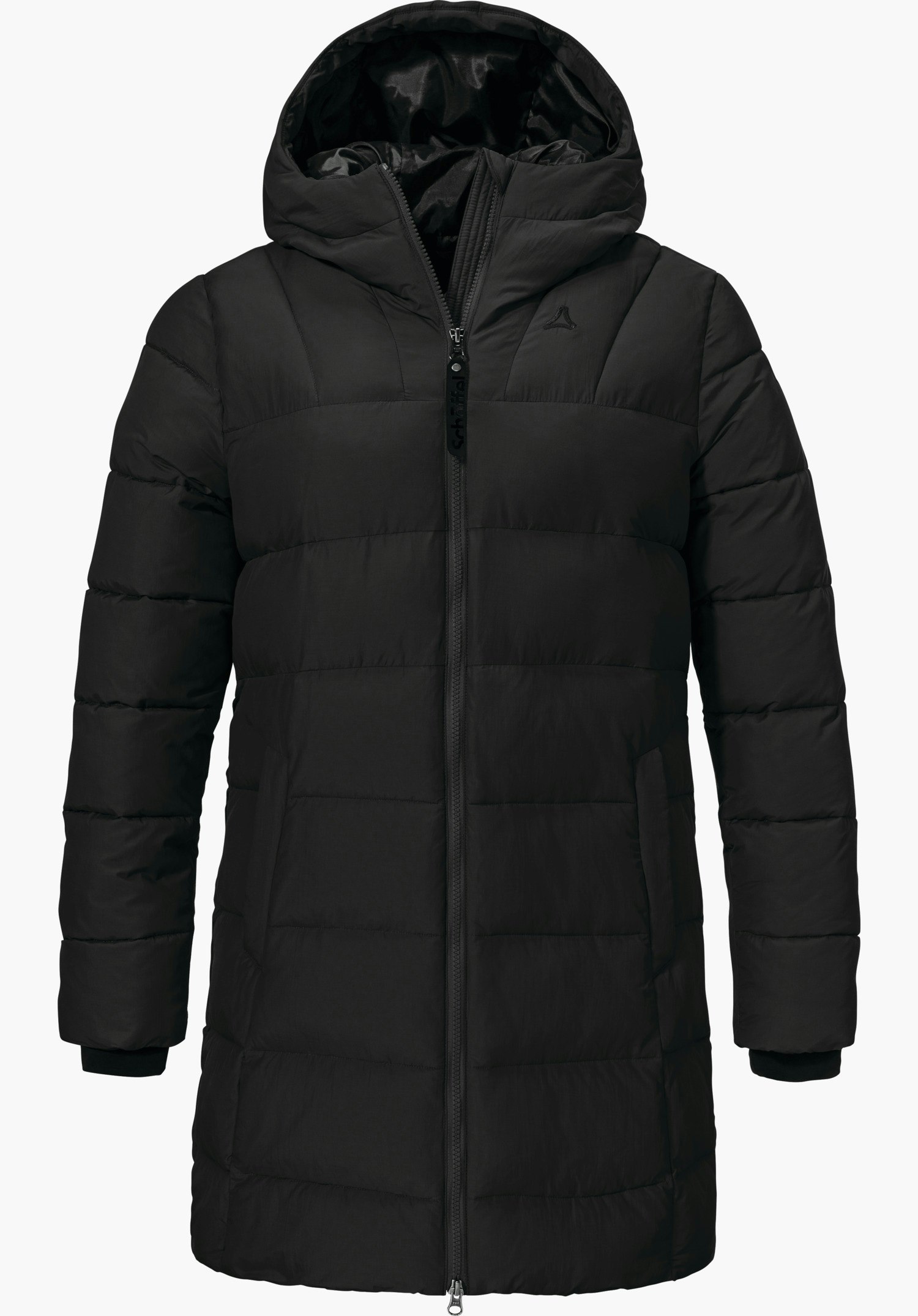 Ins Parka Style Boslix WMS black quilted coat with hood, zip closed, Schöffel logo on the chest; text: “Schöffel”. On a white background.