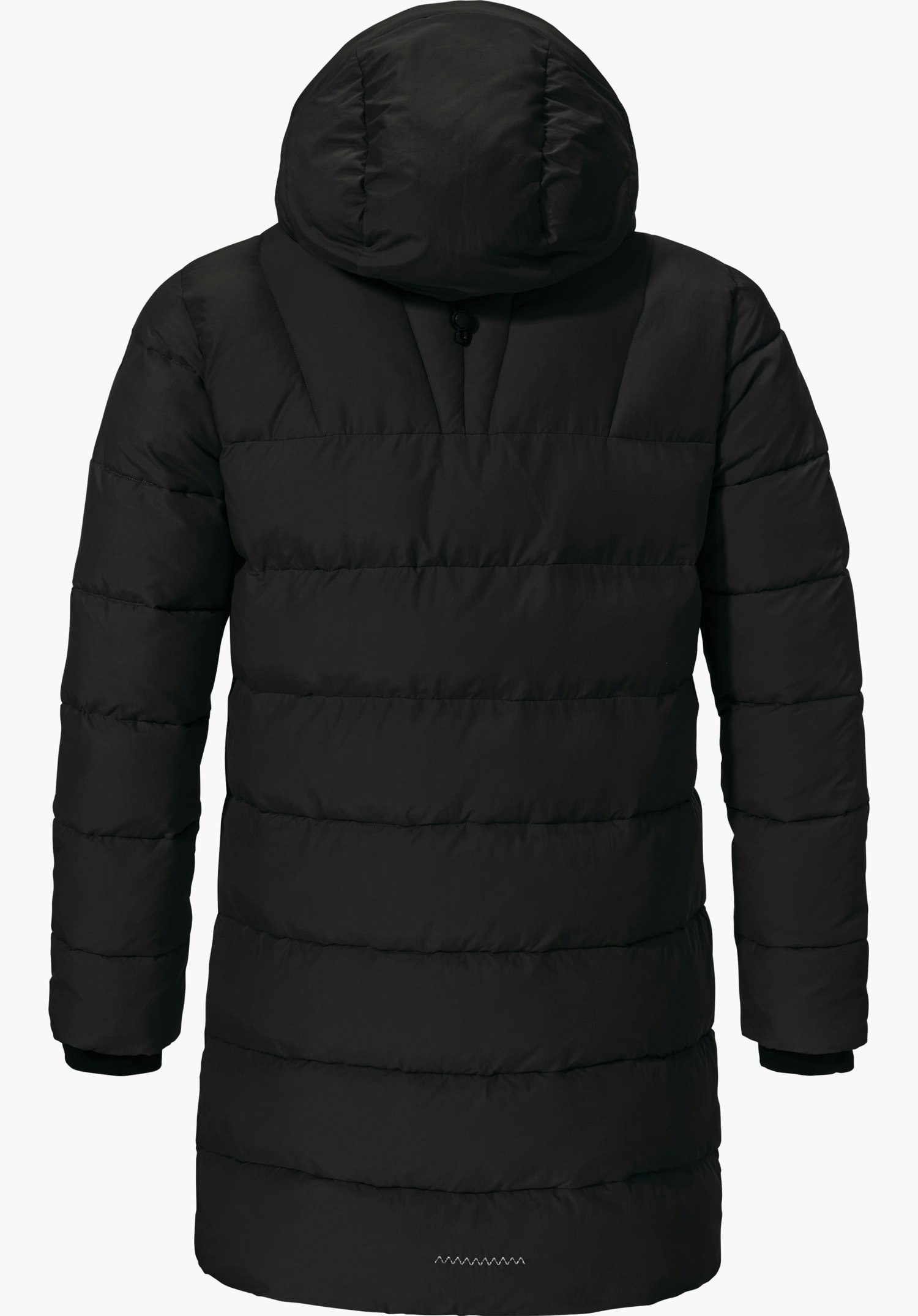 Ins Parka Style Boslix WMS padded black quilted parka with hood, rear view; coat hanging straight, horizontal quilting, longer fit past the hips; freestanding against a white background.