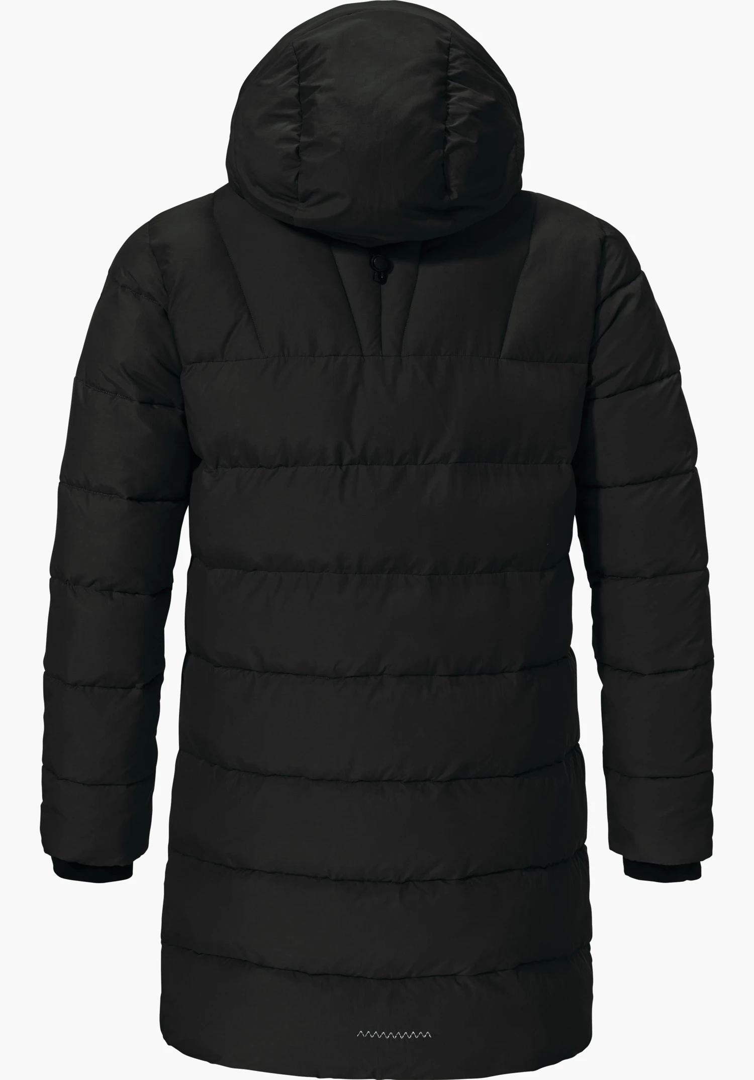 Ins Parka Style Boslix WMS Zwarte gewatteerde parka met capuchon, achteraanzicht; hangt recht, horizontale quilting, langere pasvorm tot over de heup; vrijstaand op witte achtergrond.