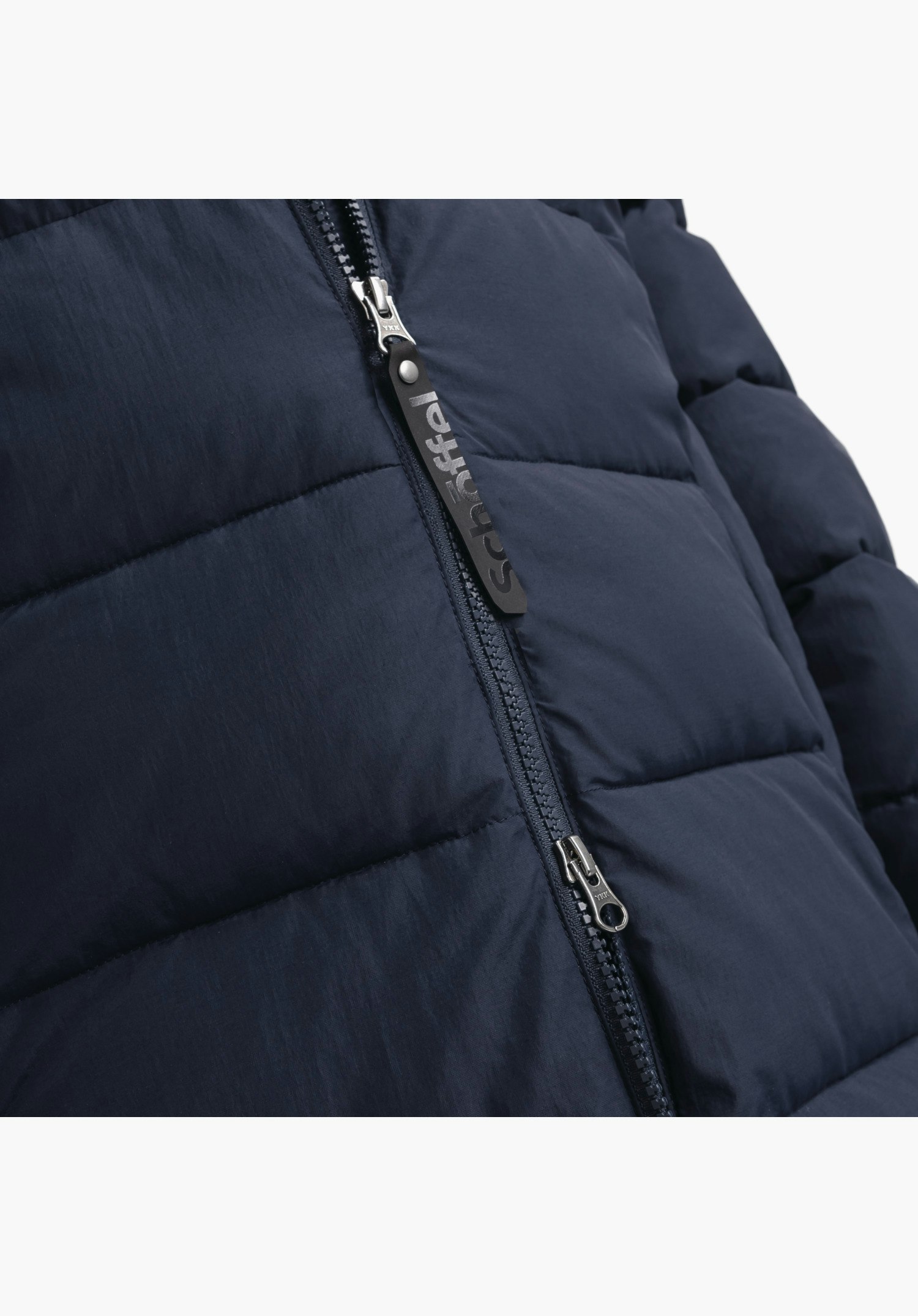 Ins Parka Style Boslix WMS shows the 2-way zip with Schöffel lettering on the puller and the blue quilted texture in a close-up against a white/neutral background.