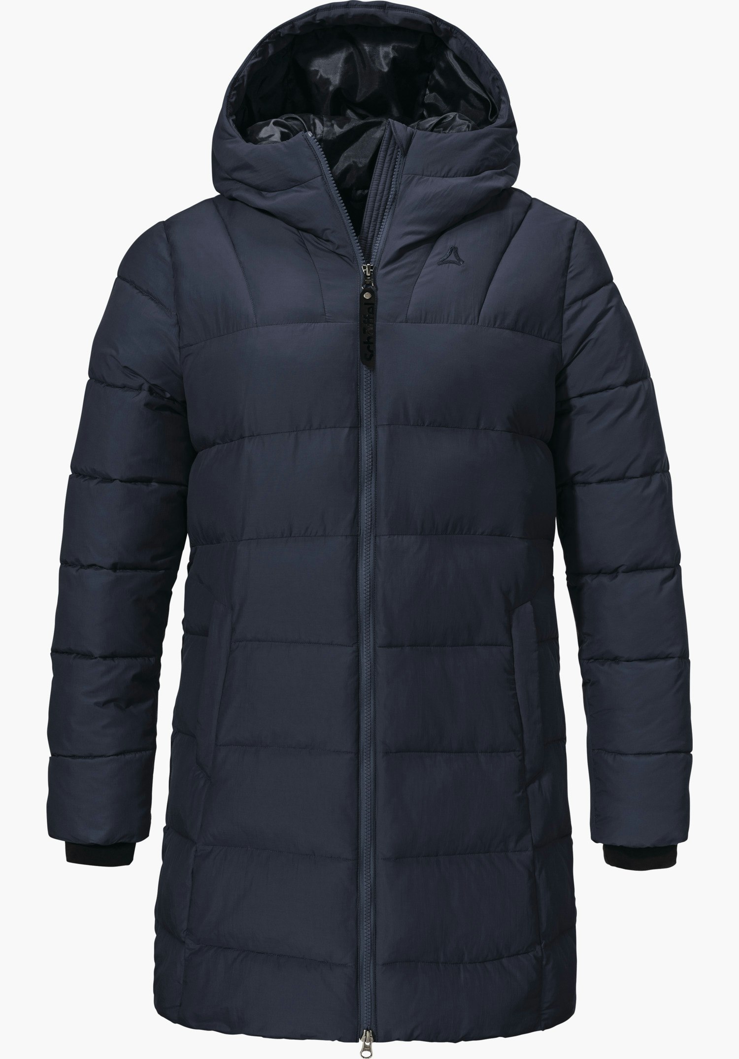 Ins Parka Style Boslix WMS dark blue long quilted coat with hood, front zip closed; Schöffel logo on the chest; zip pull with “Schöffel” text; presented on a white background.