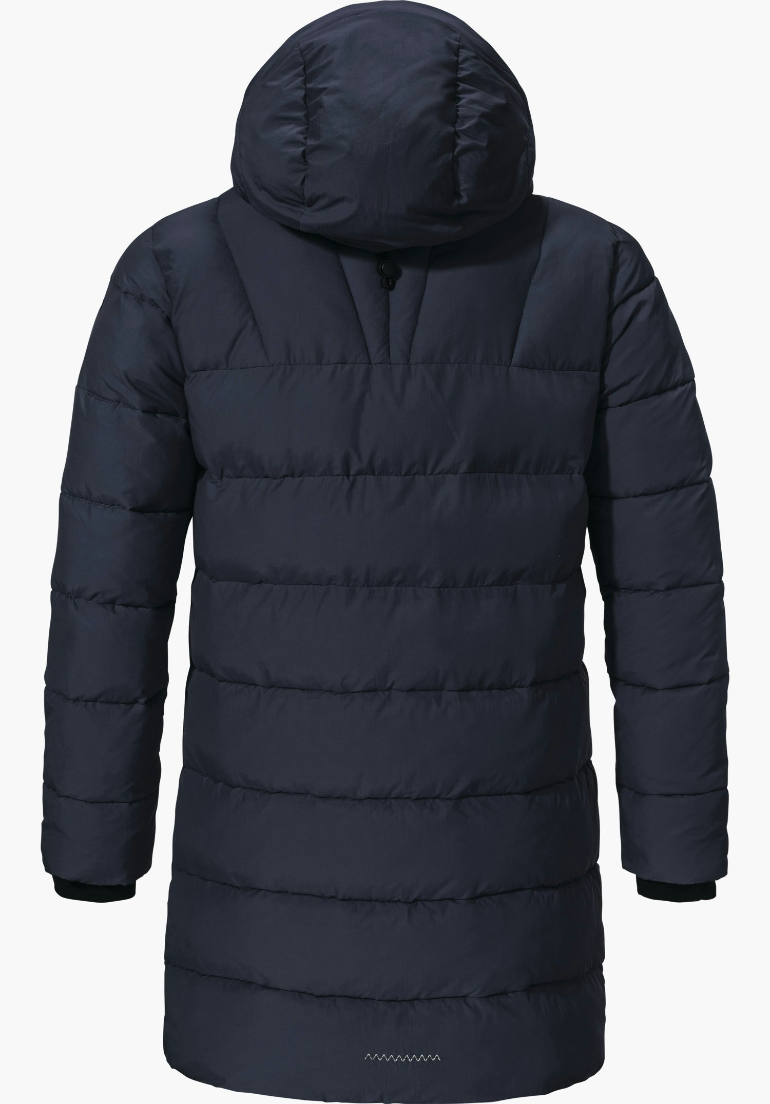 Ins Parka Style Boslix WMS dark blue, knee-length quilted parka, shown from the back; hood raised, horizontal quilting, black sleeve cuffs, white zigzag stitching at the hem; neutral white background.