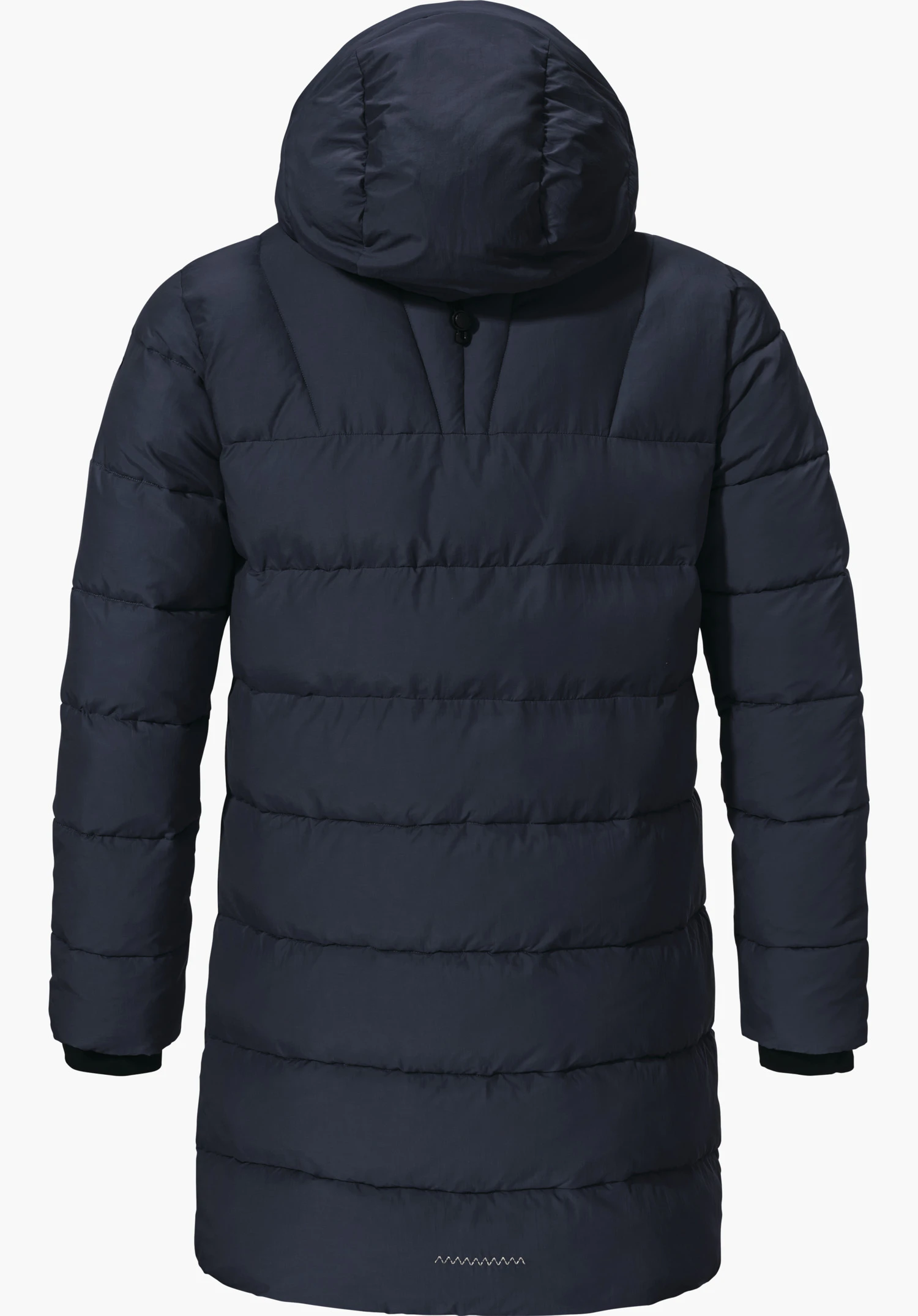 Ins Parka Style Boslix WMS Donkerblauwe knielange gewatteerde parka, achteraanzicht; capuchon hoog, horizontale quilting, zwarte boorden aan de mouwen, witte zigzagsteek aan de zoom; neutrale witte achtergrond.