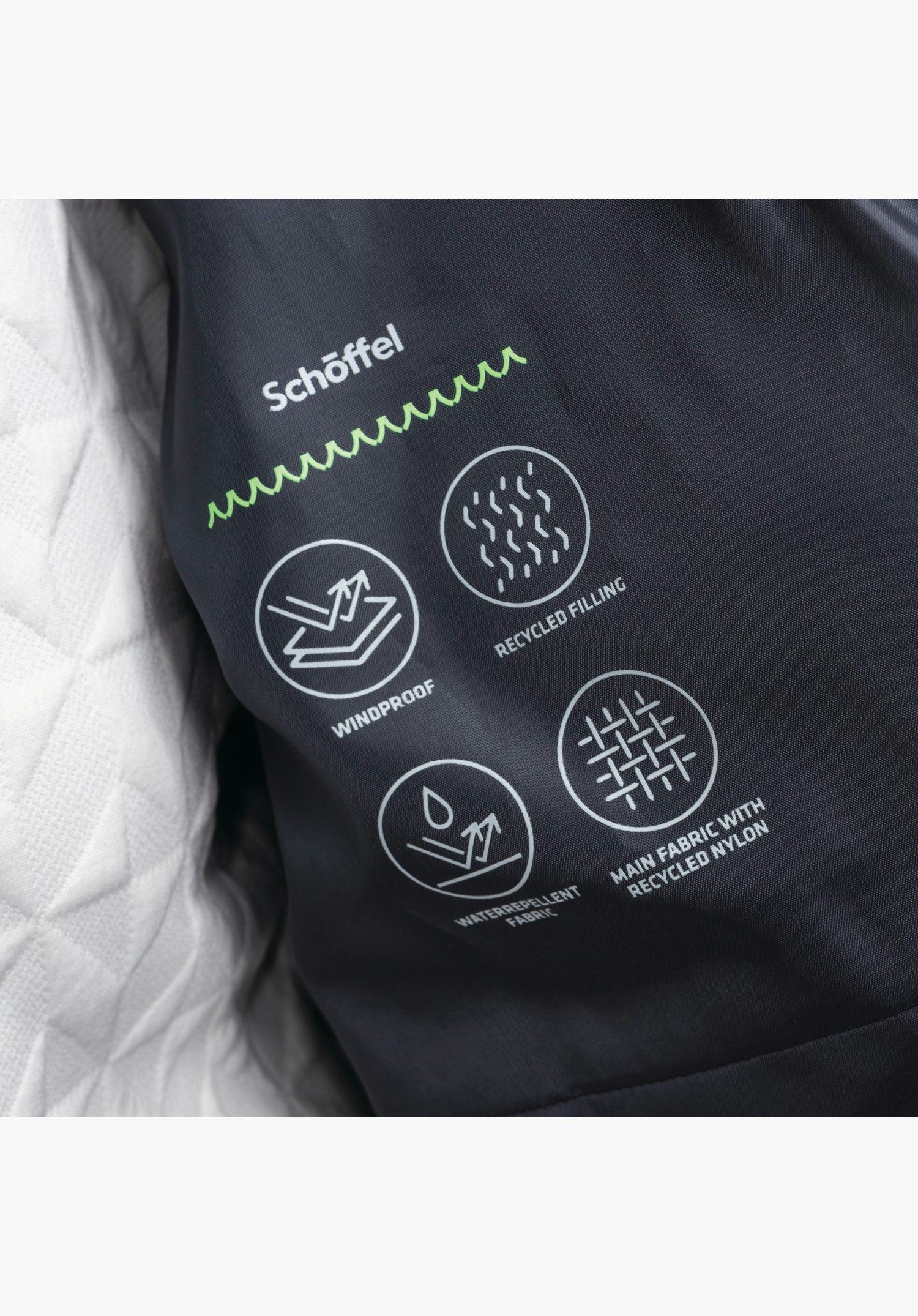 Ins Parka Style Boslix WMS features the printed functional icons and Schöffel logo on the blue inner lining, close-up against a white/neutral background.