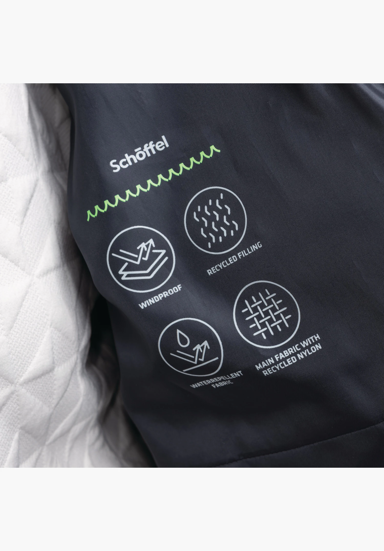 Ins Parka Style Boslix WMS toont de bedrukte functionele iconen en het Schöffel-logo op de blauwe binnenvoering, close-up voor een witte/neutrale achtergrond.