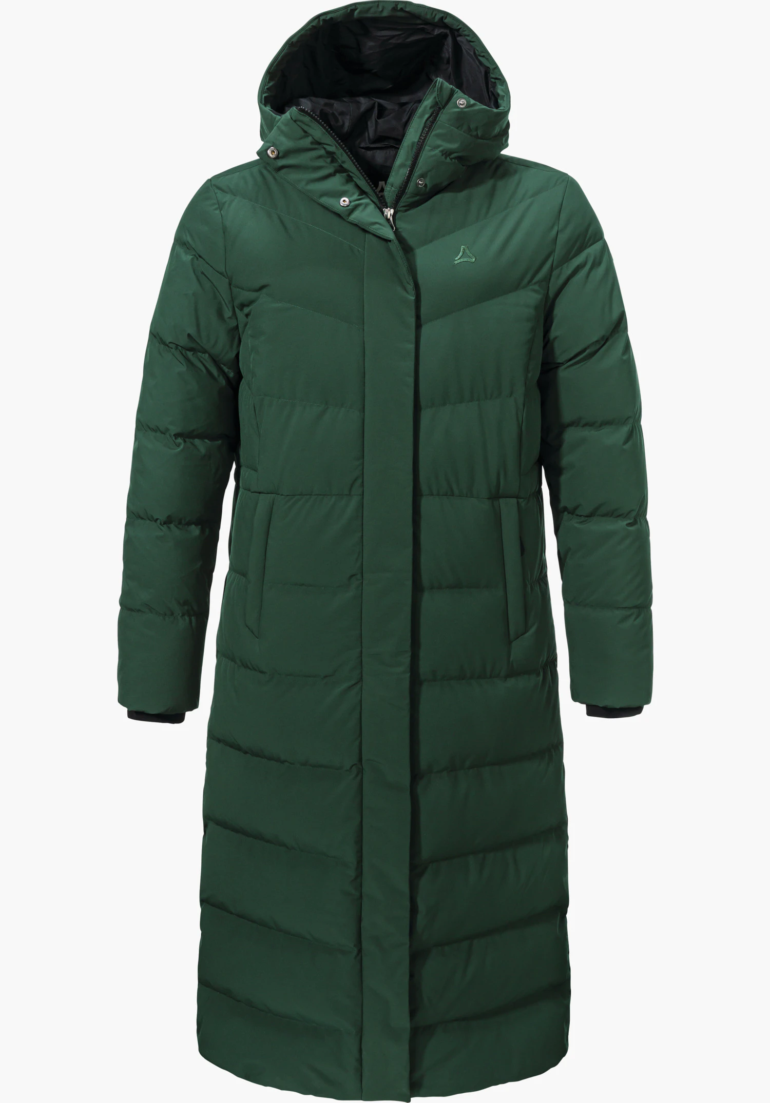 Down Coat Style Vindave WMS dark green long quilted coat, front closed, with hood, side pockets and Schöffel logo on the chest; presented on a white background.