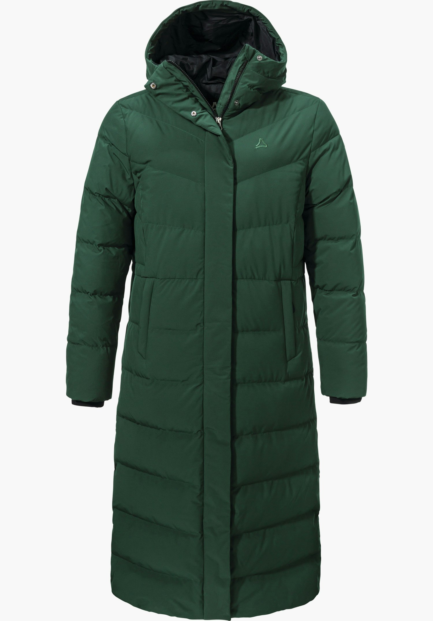Down Coat Style Vindave WMS dark green long quilted coat, front closed, with hood, side pockets and Schöffel logo on the chest; presented on a white background.
