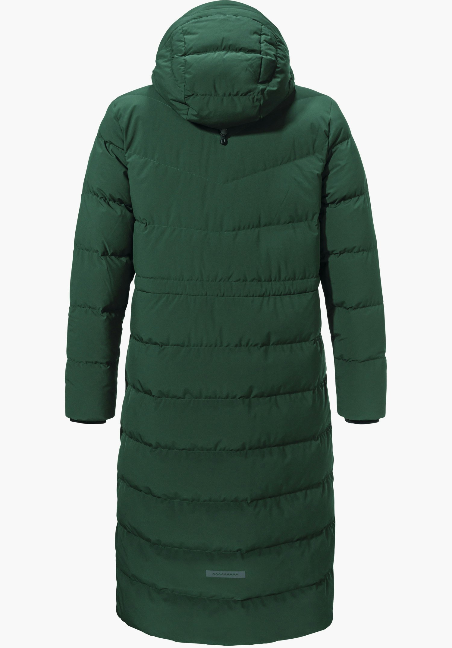 Down Coat Style Vindave WMS dark green long quilted coat, rear view, with hood; horizontally quilted sections, long sleeves, slight shaping at the waist, white background.