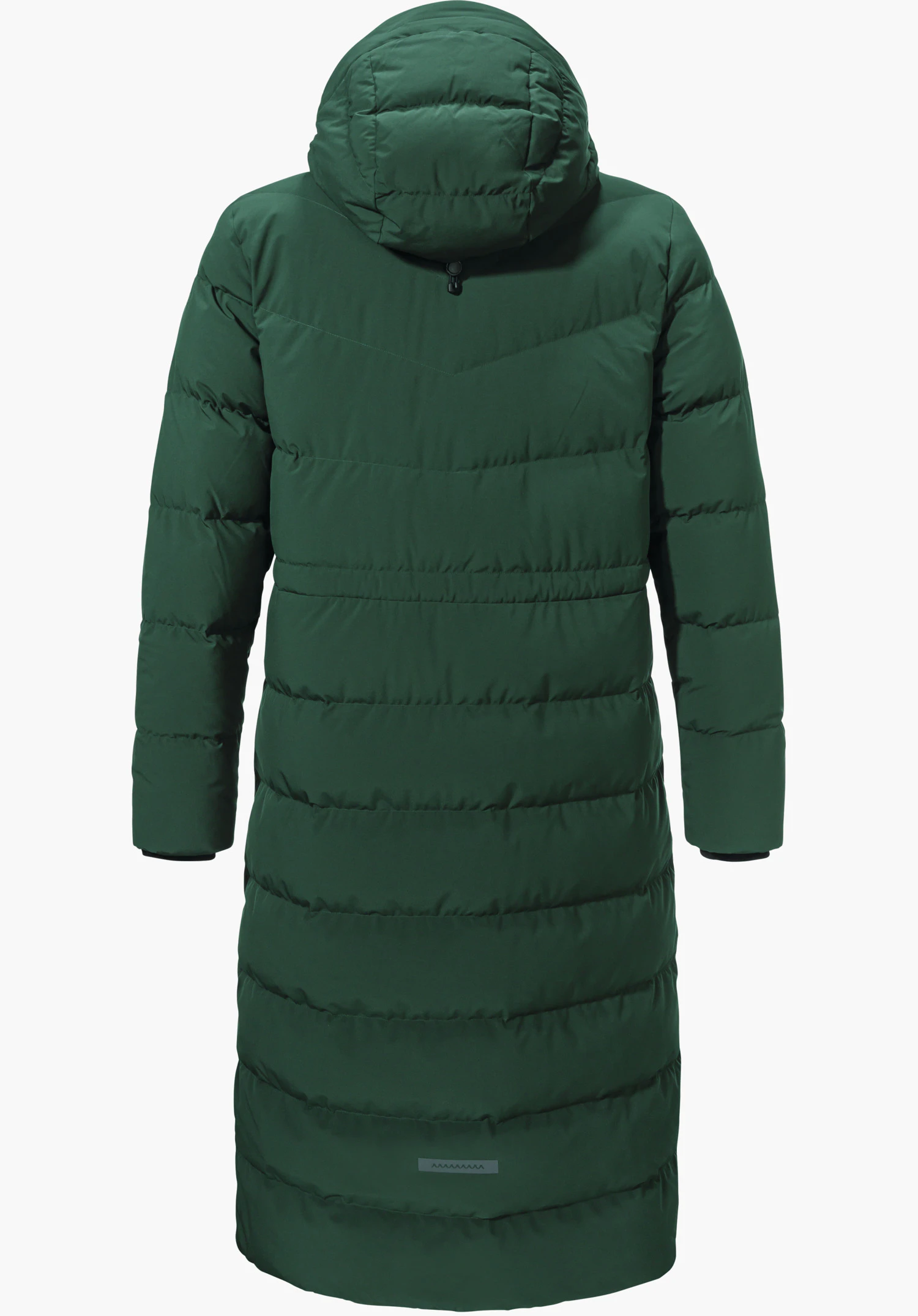 Down Coat Style Vindave WMS Donkergroene lange gewatteerde jas, achteraanzicht, met capuchon; horizontale quiltpanelen, lange mouwen, lichte taillevorming; witte achtergrond.