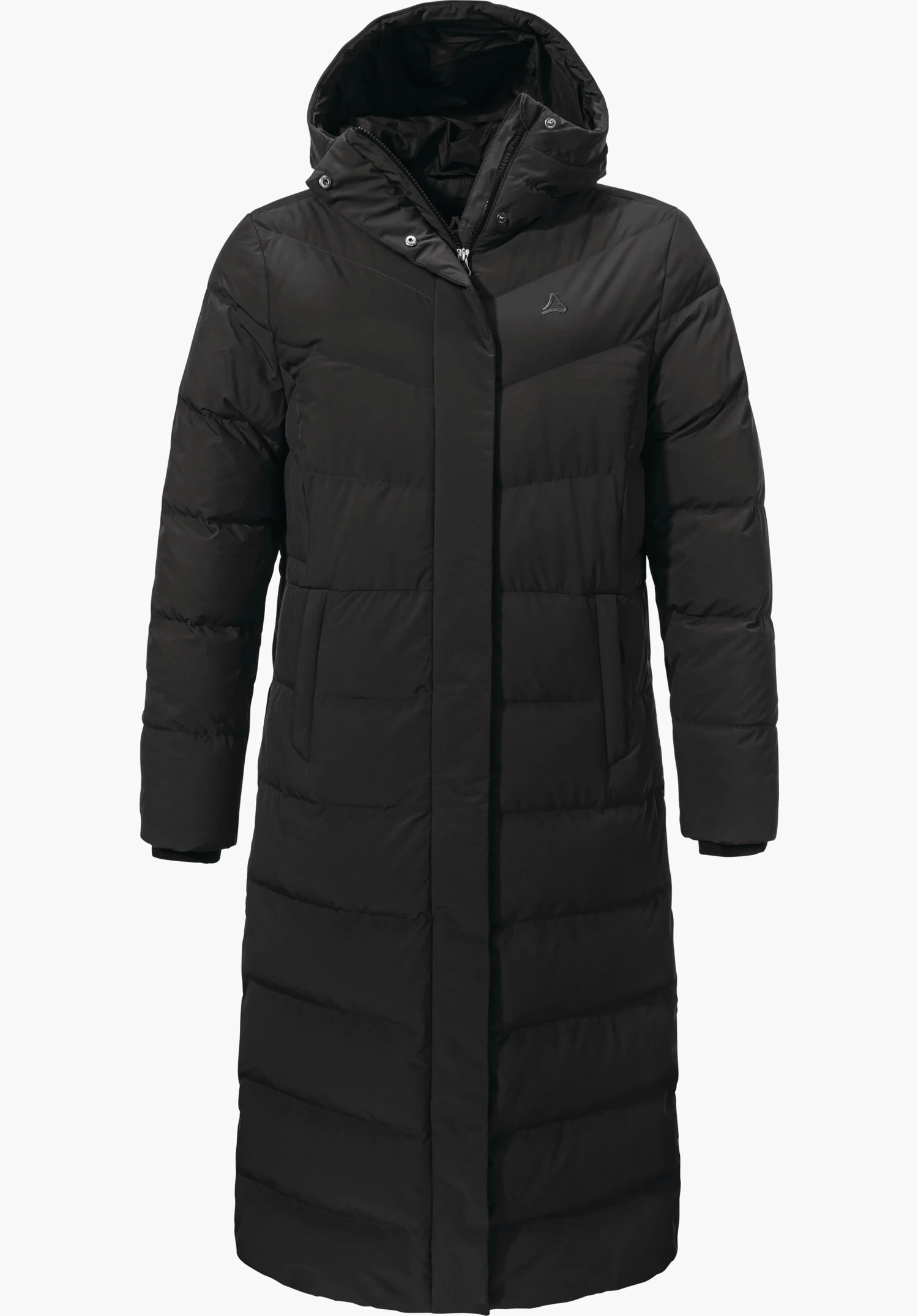 Down Coat Style Vindave WMS long black quilted coat with hood, front closed, Schöffel logo on the chest, side pockets and continuous quilting; isolated on a white background.