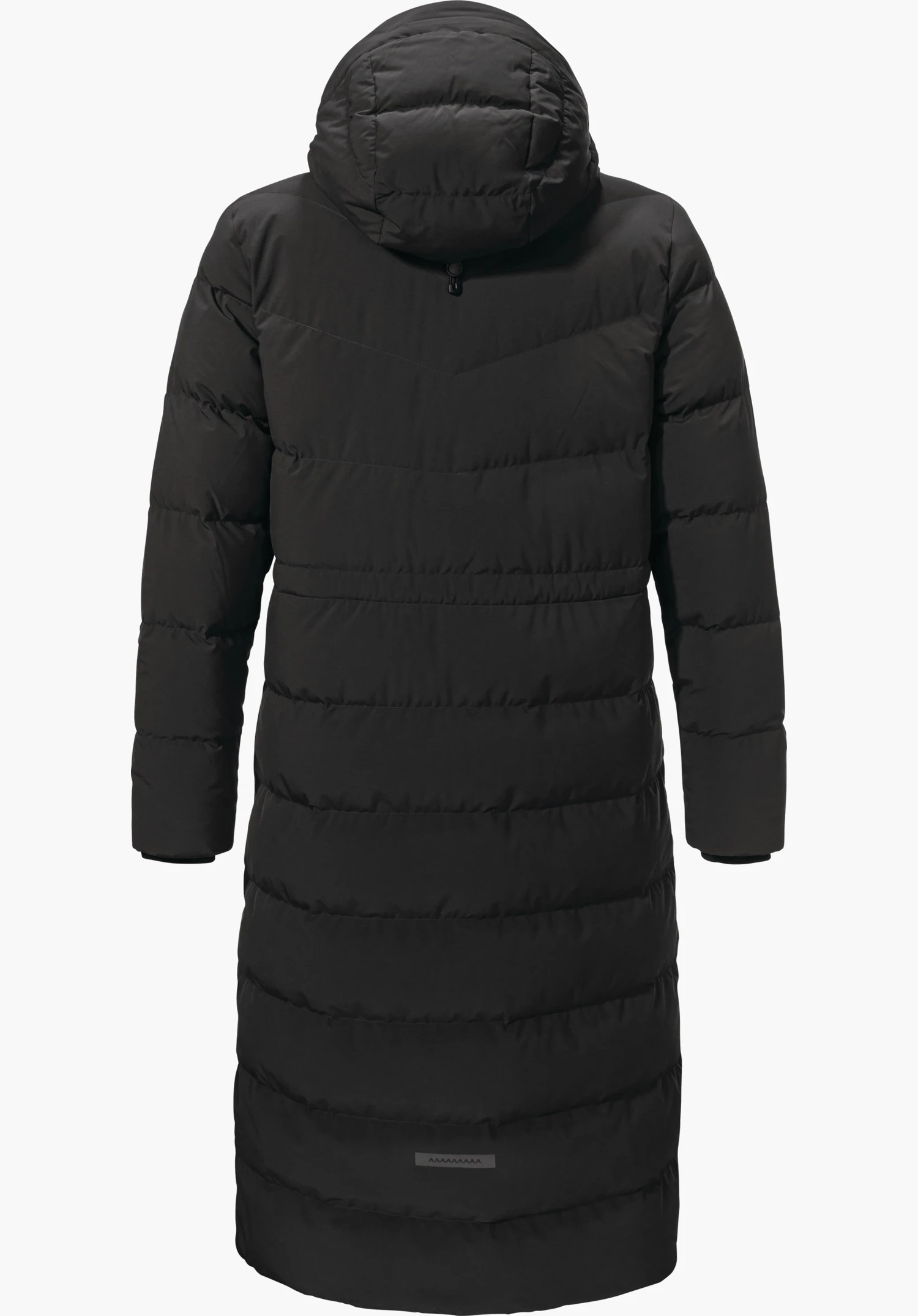 Down Coat Style Vindave WMS Lange zwarte gewatteerde donsjas (achteraanzicht) met capuchon, recht hangend; mouwen langs de zijkant, horizontale stiknaden zichtbaar; neutrale witte achtergrond.