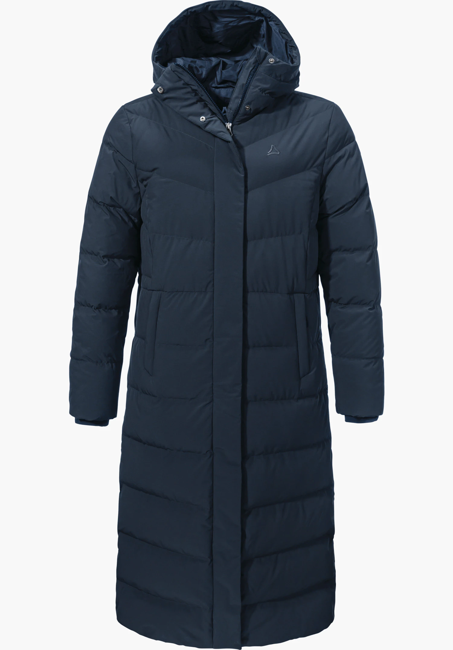 Down Coat Style Vindave WMS dark blue knee-length down coat with hood, zip and side pockets, Schöffel logo on the chest, front view on a plain white background.