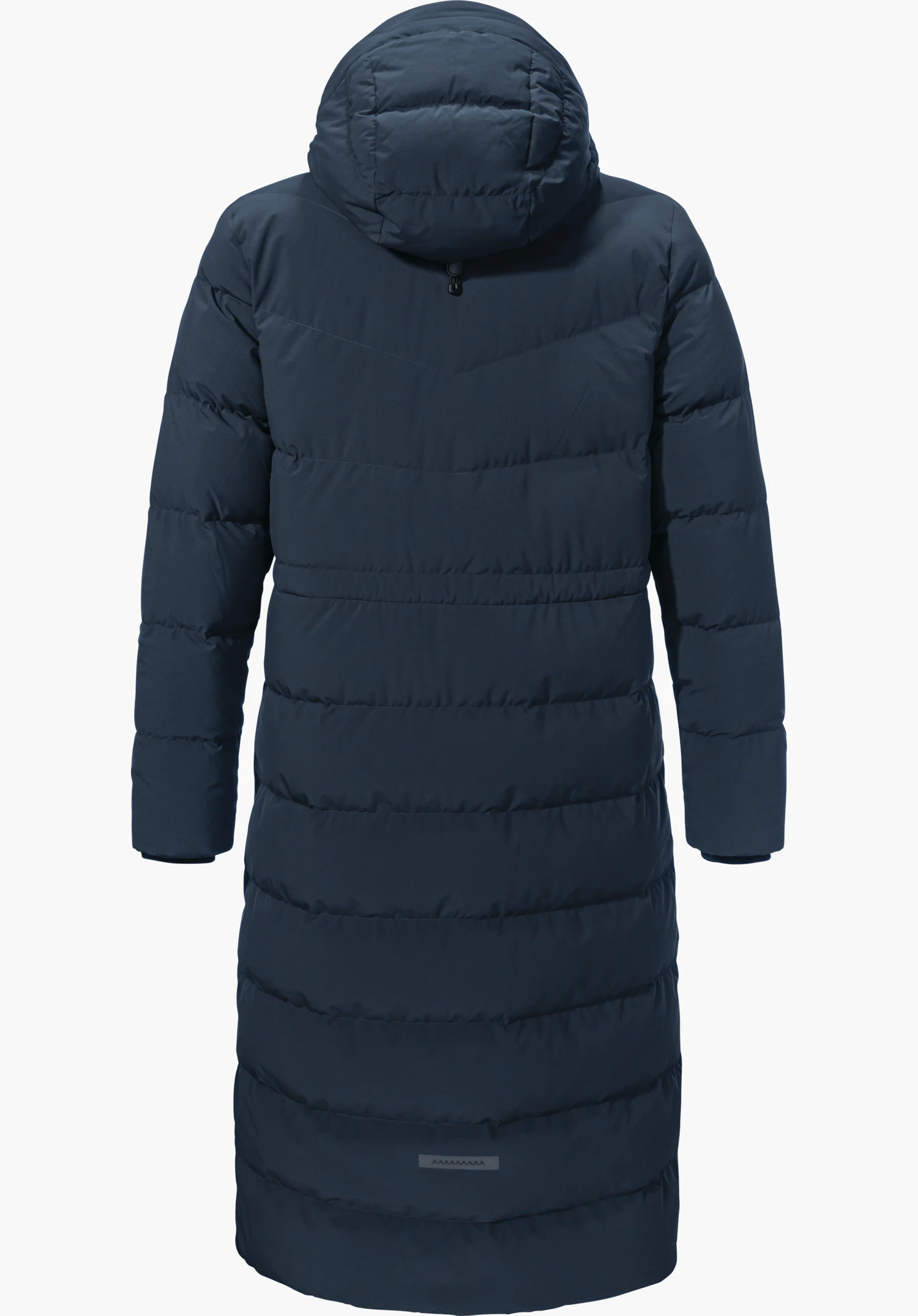 Down Coat Style Vindave WMS Donkerblauwe lange gewatteerde jas, achteraanzicht; capuchon en horizontale stiknaden, mouwen los omlaag; effen lichte achtergrond.
