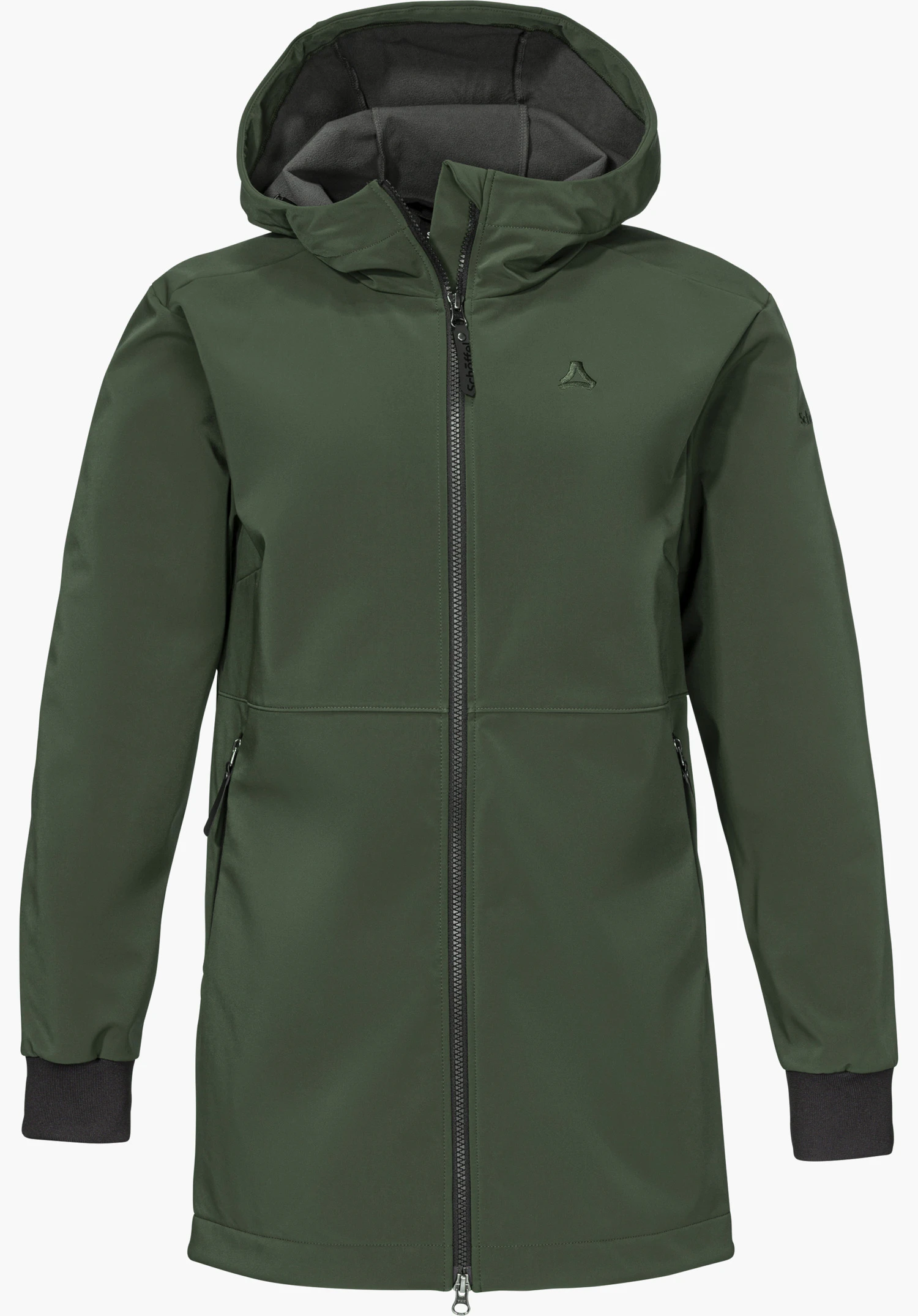 Softshell Jk Style Suavio WMS Softshelljacke in grün in Frontansicht mit Kapuze, durchgehendem Reißverschluss und Schöffel-Logo auf der Brust freigestellt vor weißem Hintergrund.