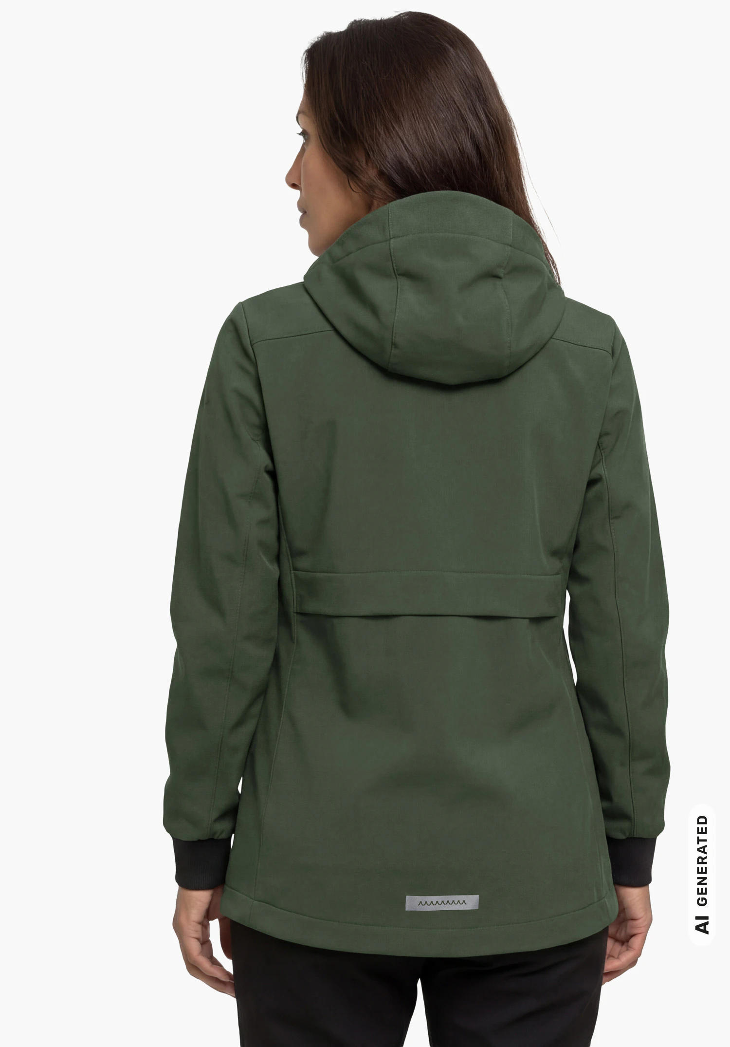 Softshell Jk Style Suavio WMS en vert avec capuche, porté par un modèle féminin debout et vu de dos sur fond blanc. (Généré par IA)