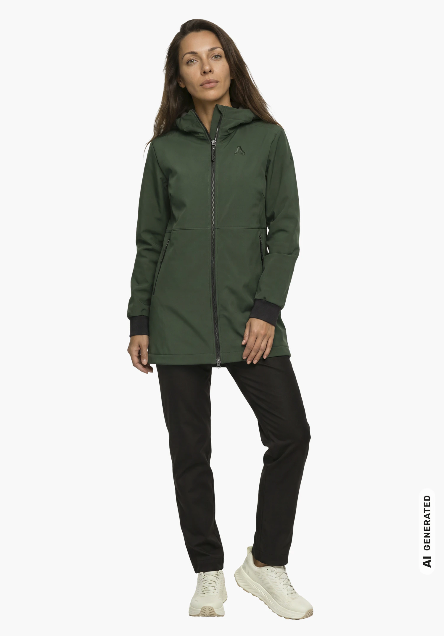Softshell Jk Style Suavio WMS en vert avec le logo Schöffel, porté par un mannequin femme en vue latérale aux trois quarts avec une posture droite sur fond blanc. (Généré par IA)