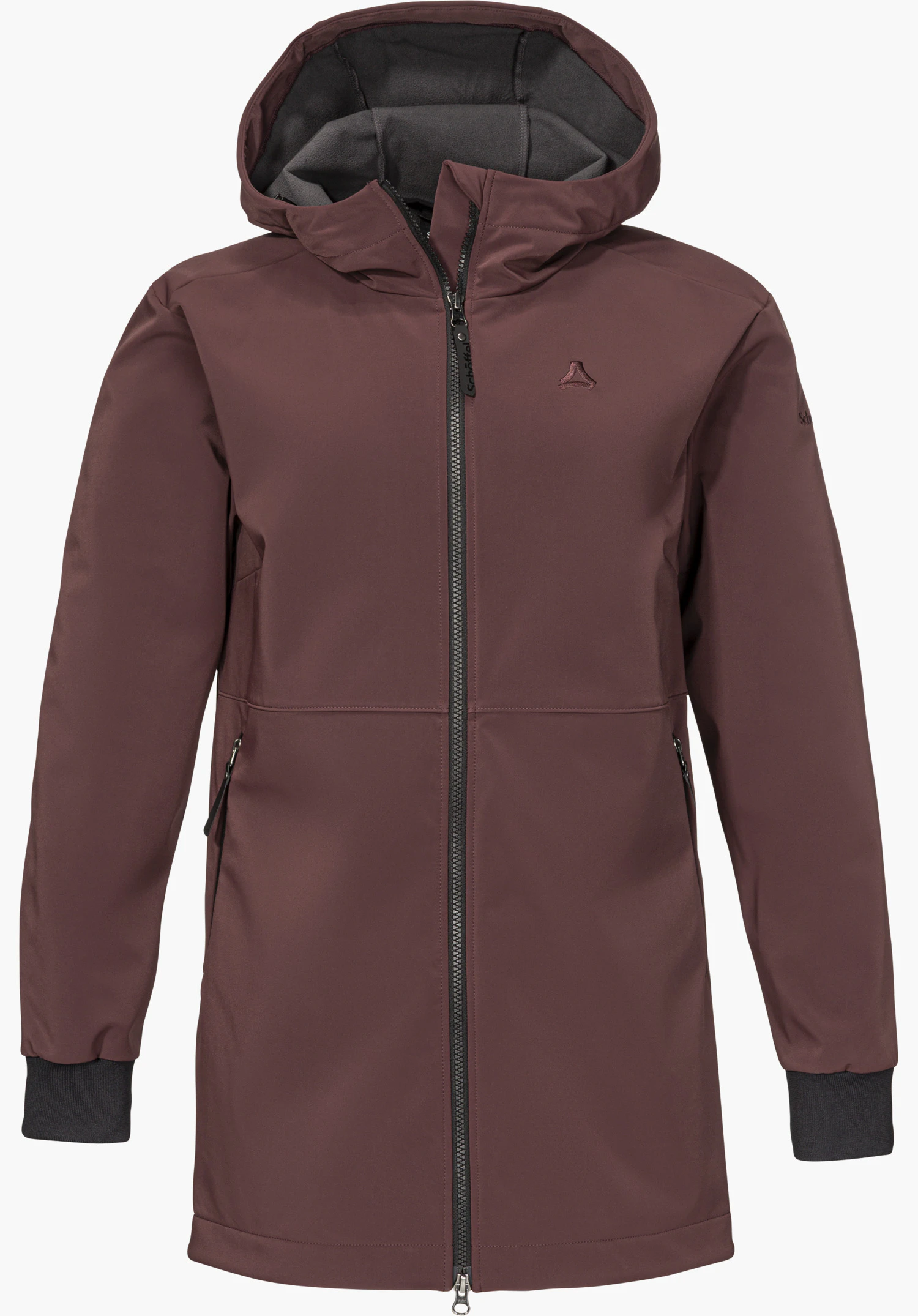 Softshell Jk Style Suavio WMS Softshelljacke in lila mit Kapuze, durchgehendem Reißverschluss, Seitentaschen und aufgesticktem Schöffel-Logo in Frontansicht freigestellt vor weißem Hintergrund.