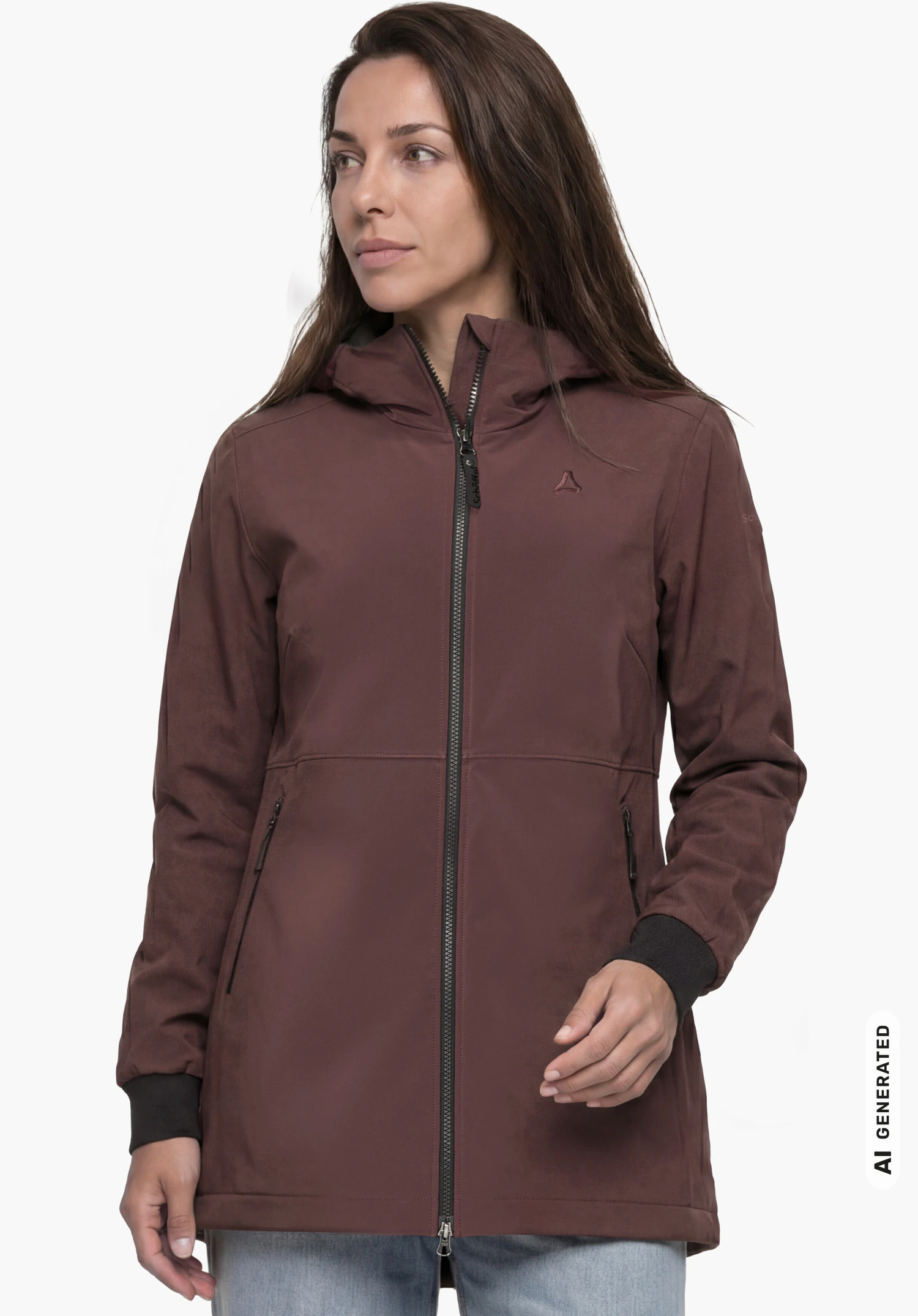 Softshell Jk Style Suavio WMS in purple with Schöffel logo, worn by a female model shown from the front with the zipper open and looking to the side against a white background. (AI-generated)