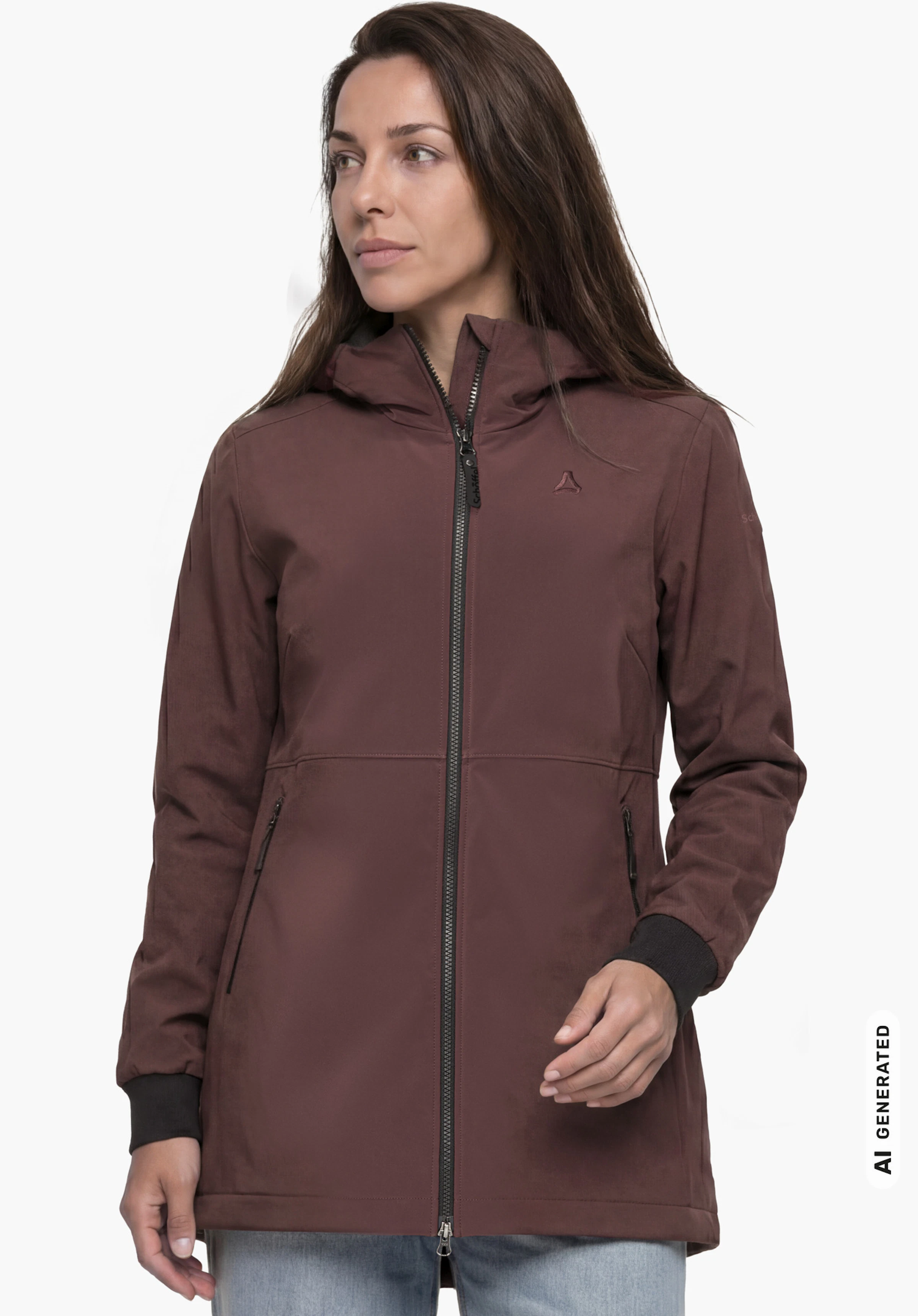 Softshell Jk Style Suavio WMS en violet avec logo Schöffel, porté par un modèle féminin vu de face avec la fermeture éclair ouverte et le regard tourné sur le côté sur fond blanc. (Généré par IA)