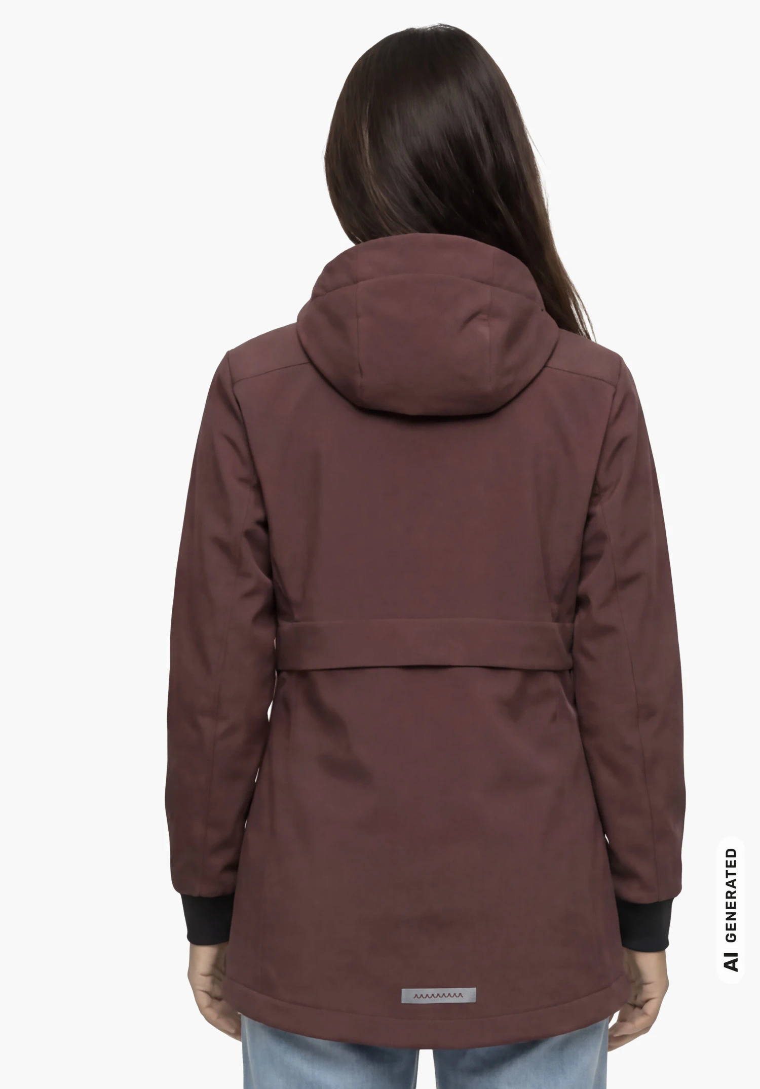 Softshell Jk Style Suavio WMS in paars met capuchon, gedragen door een vrouwelijk model dat rechtop staat en van achteren wordt getoond met de armen langs het lichaam tegen een witte achtergrond. (AI-gegenereerd)