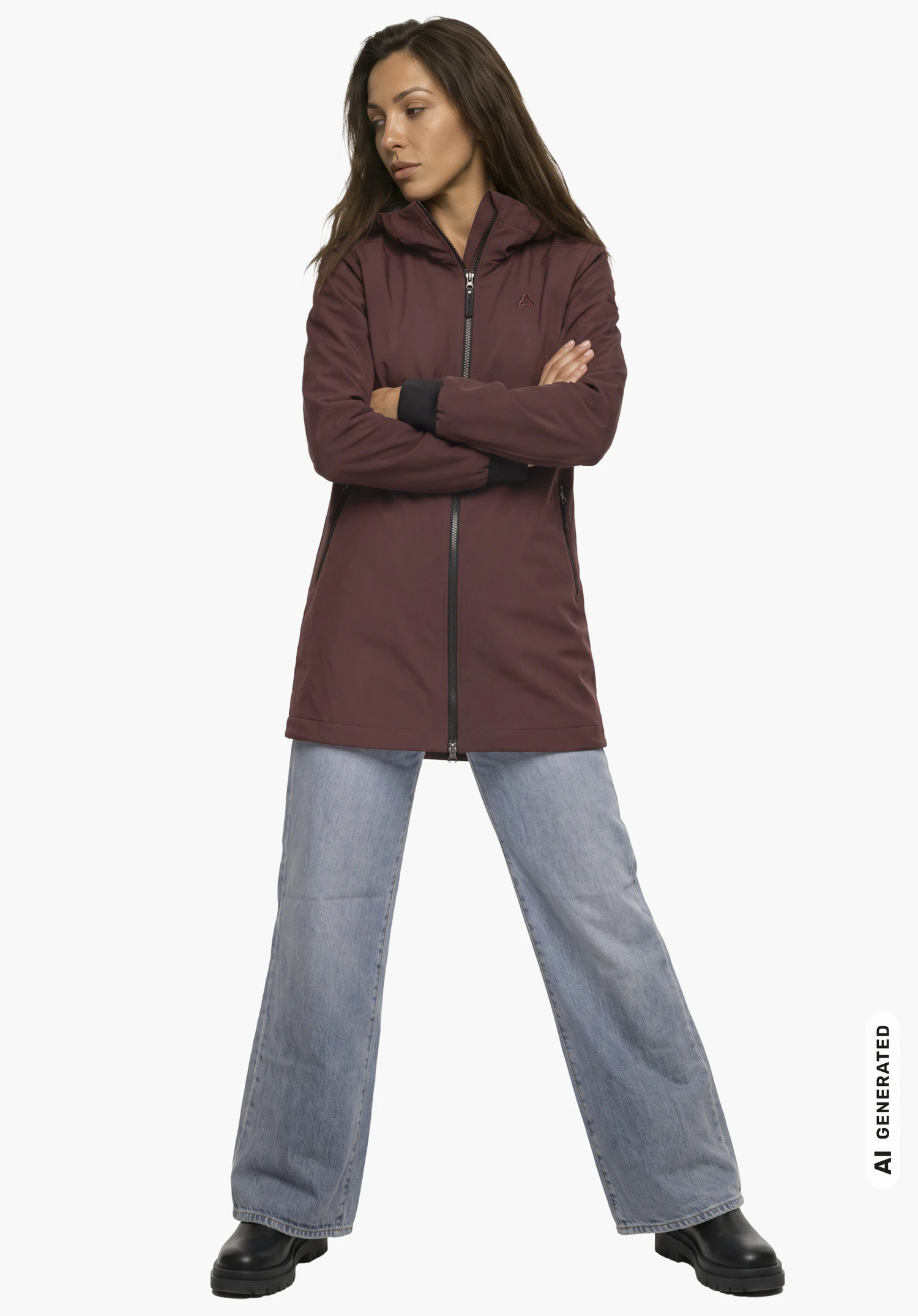 Softshell Jk Style Suavio WMS in paars met zichtbaar Schöffel-logo, gedragen door een vrouwelijk model in zijaanzicht met gekruiste armen en het hoofd enigszins opzij geneigd tegen een witte achtergrond. (Door AI gegenereerd)