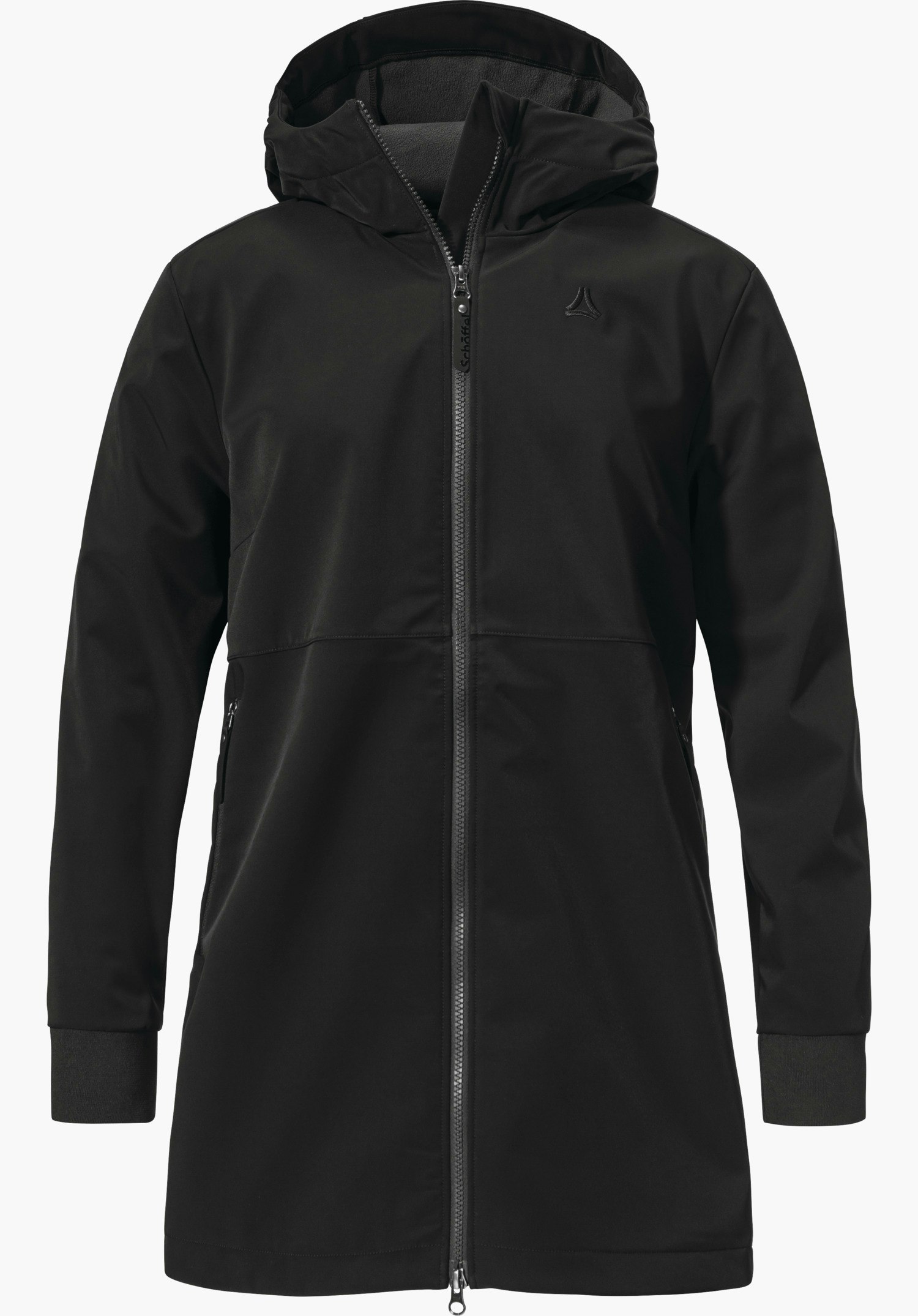 Softshell Jk Style Suavio WMS long manteau softshell noir, fermeture éclair centrale fermée, poches latérales; sur fond blanc. Logo Schöffel sur la poitrine; inscription sur la fermeture éclair: « Schöffel ».