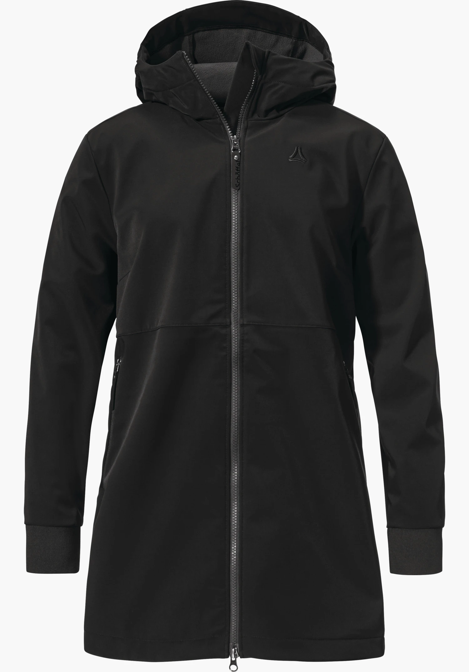Softshell Jk Style Suavio WMS Schwarzer, langer Softshell-Mantel mit Kapuze, mittig geschlossener Reißverschluss, seitliche Eingrifftaschen; vor weißem Hintergrund. Schöffel-Logo auf der Brust; Reißverschlussbeschriftung: "Schöffel".