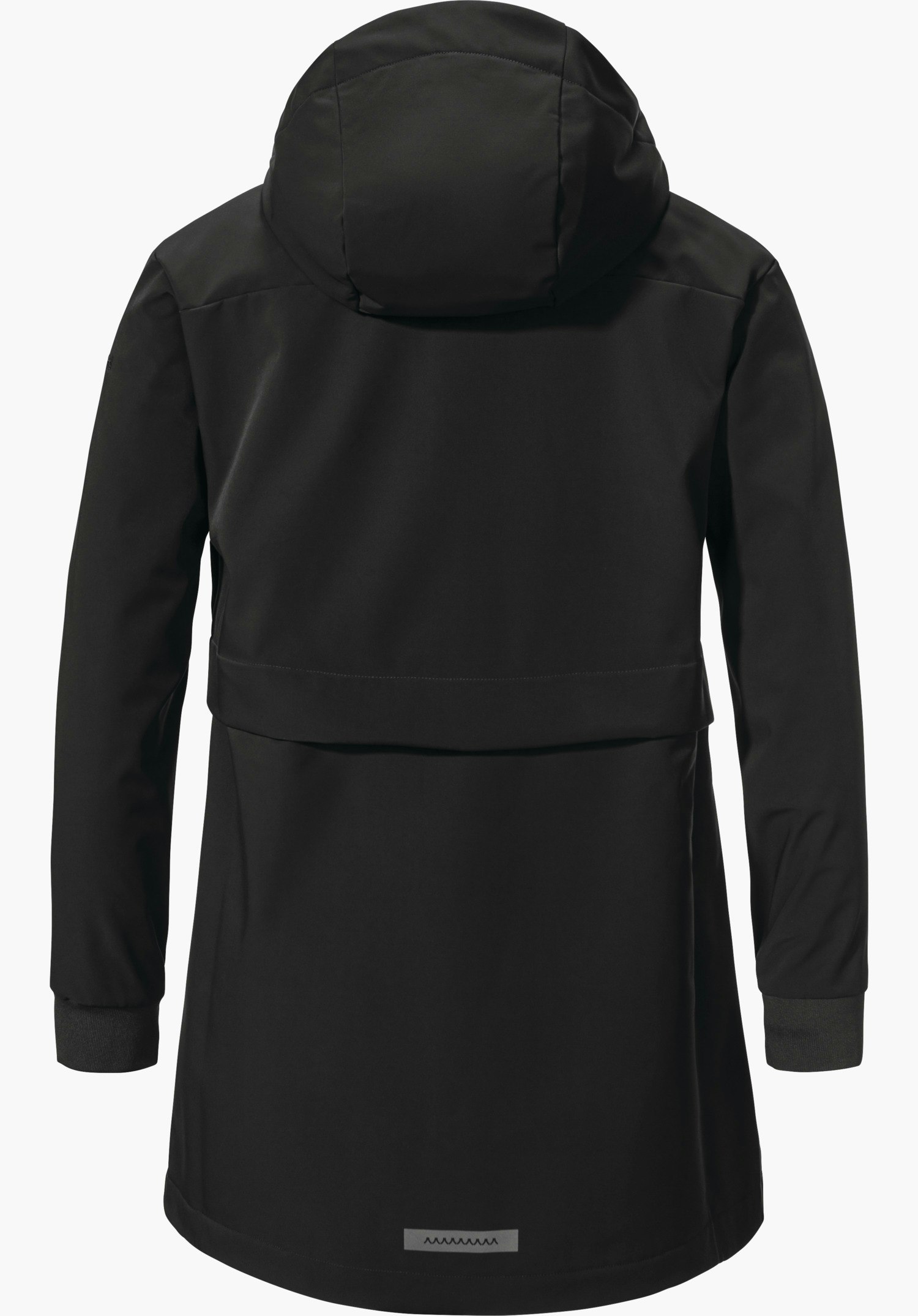 Softshell Jk Style Suavio WMS Parka noir, vue de dos; capuche et manches longues, coupe cintrée, petit rectangle réfléchissant à l’ourlet, détourage sur fond blanc.