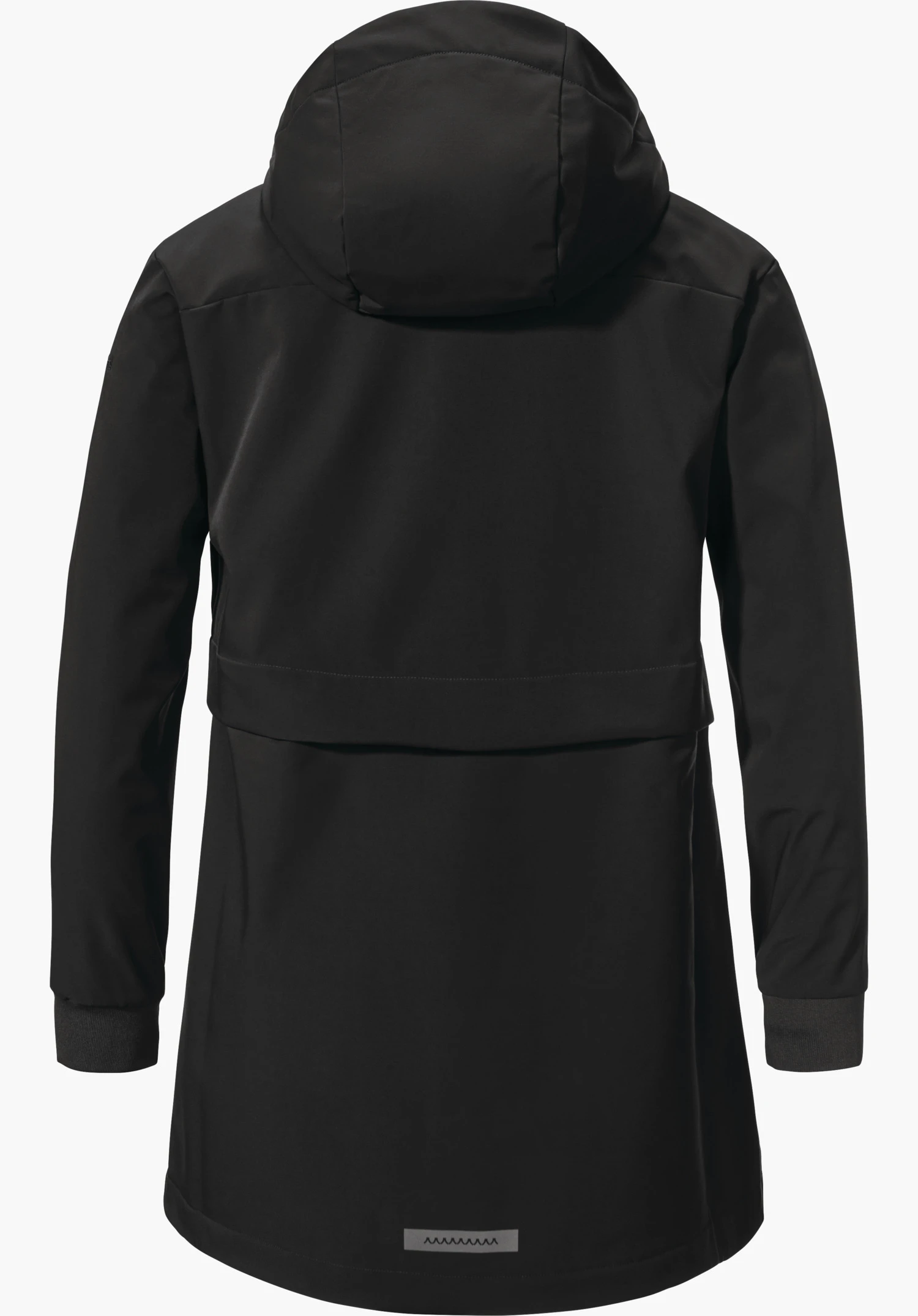 Softshell Jk Style Suavio WMS Parka noir, vue de dos; capuche et manches longues, coupe cintrée, petit rectangle réfléchissant à l’ourlet, détourage sur fond blanc.
