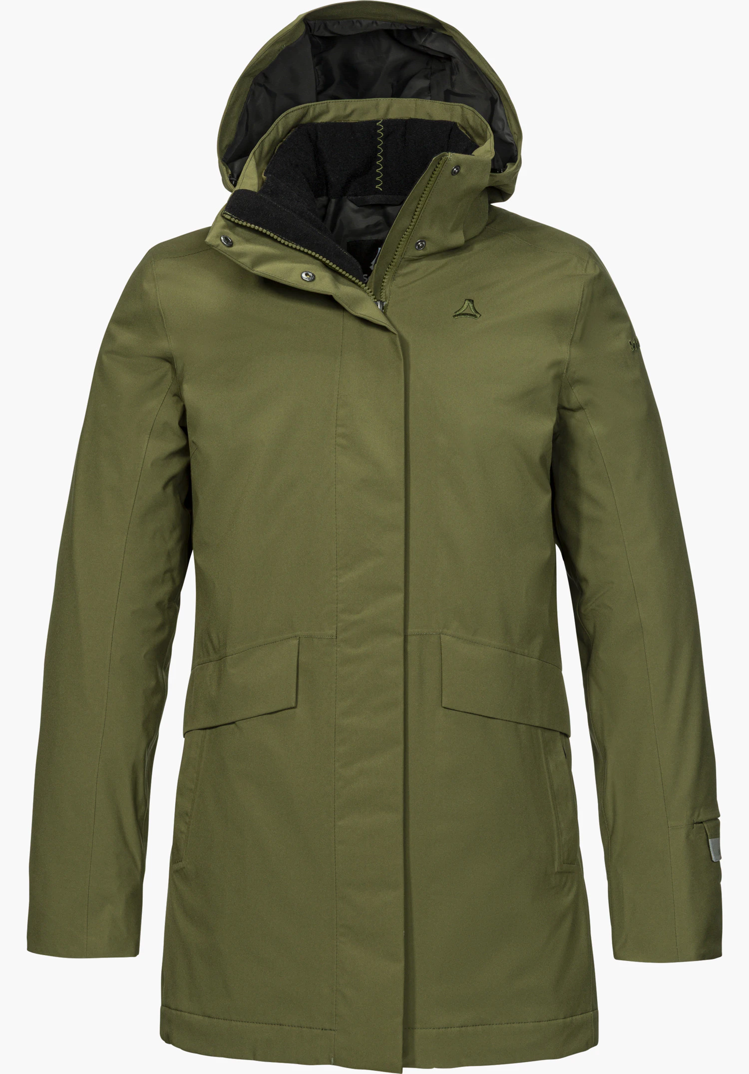 3in1 Parka Style Borkol WMS in groen met capuchon en Schöffel-logo, vooraanzicht, vrijstaand op een witte achtergrond.
