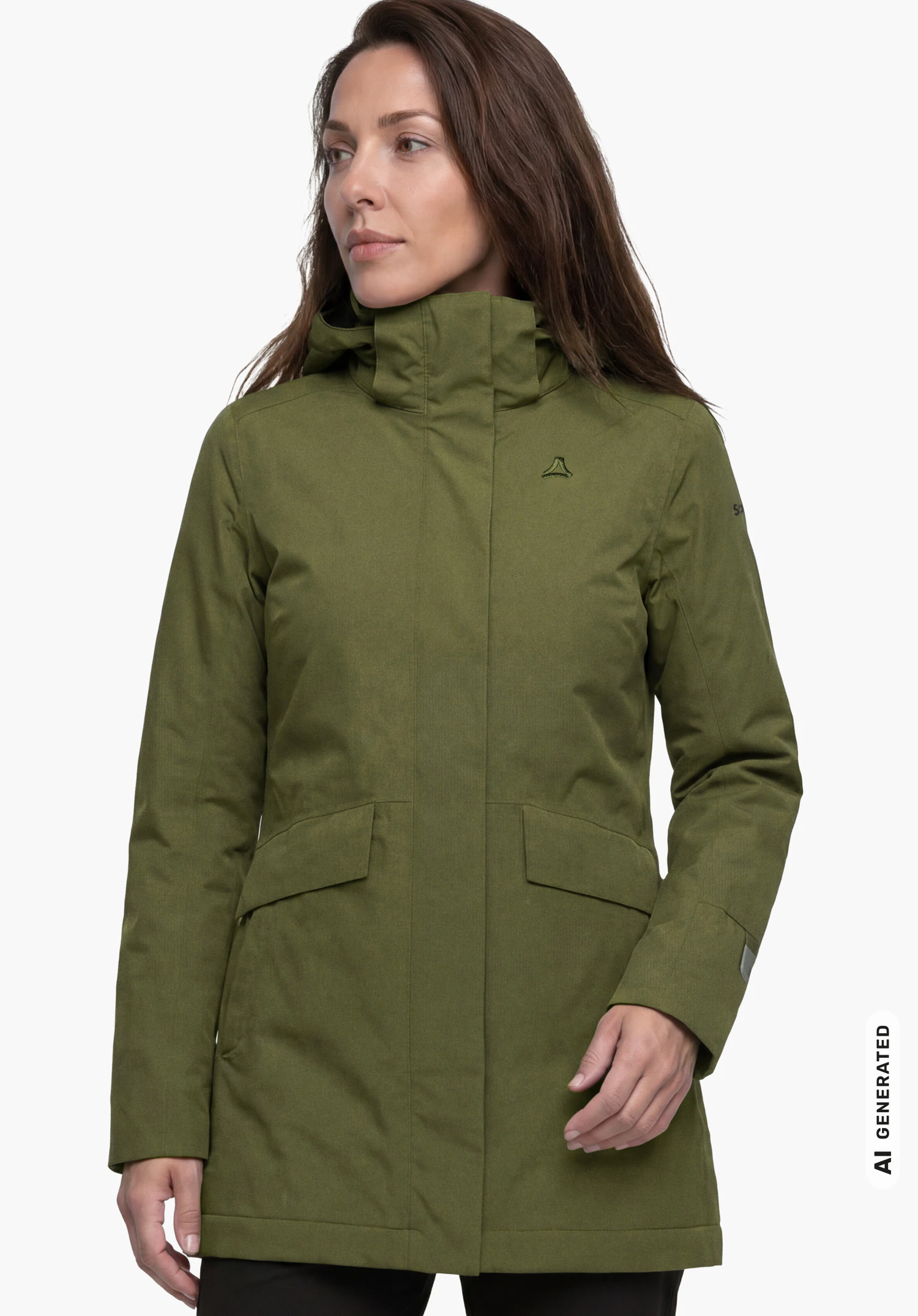 3in1 Parka Style Borkol WMS in groen met Schöffel-logo, gedragen door een vrouwelijk model dat van voren wordt getoond met de armen langs het lichaam tegen een witte achtergrond. (AI-gegenereerd)