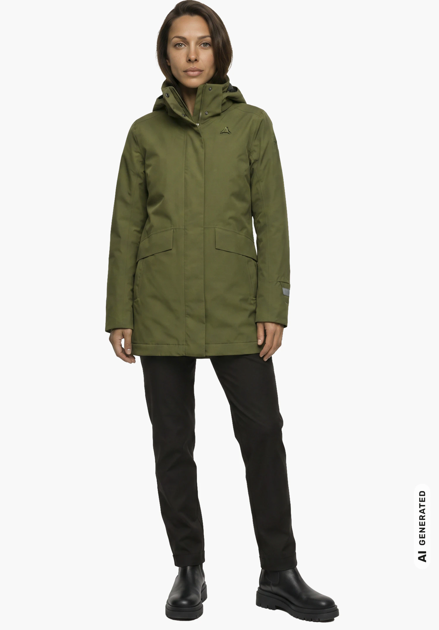 3in1 Parka Style Borkol WMS in het groen met zichtbaar Schöffel-logo, gedragen door een vrouwelijk model in een rechtopstaande houding met hangende armen in lichte zijaanzicht tegen een witte achtergrond. (Door AI gegenereerd)