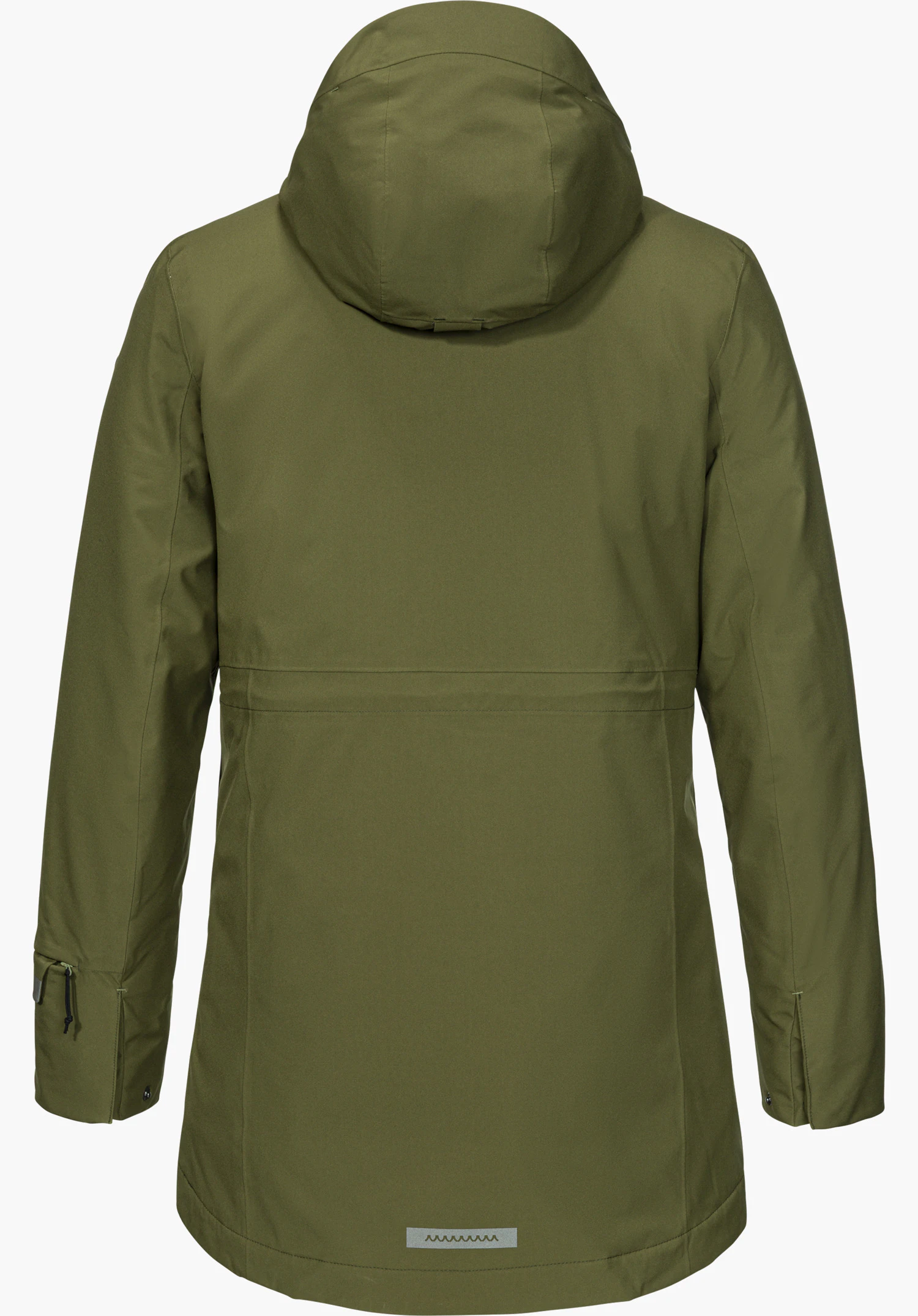 3in1 Parka Style Borkol WMS in groen, achteraanzicht met capuchon en reflecterend Schöffel-opschrift aan de onderste zoom, vrijstaand op een witte achtergrond.