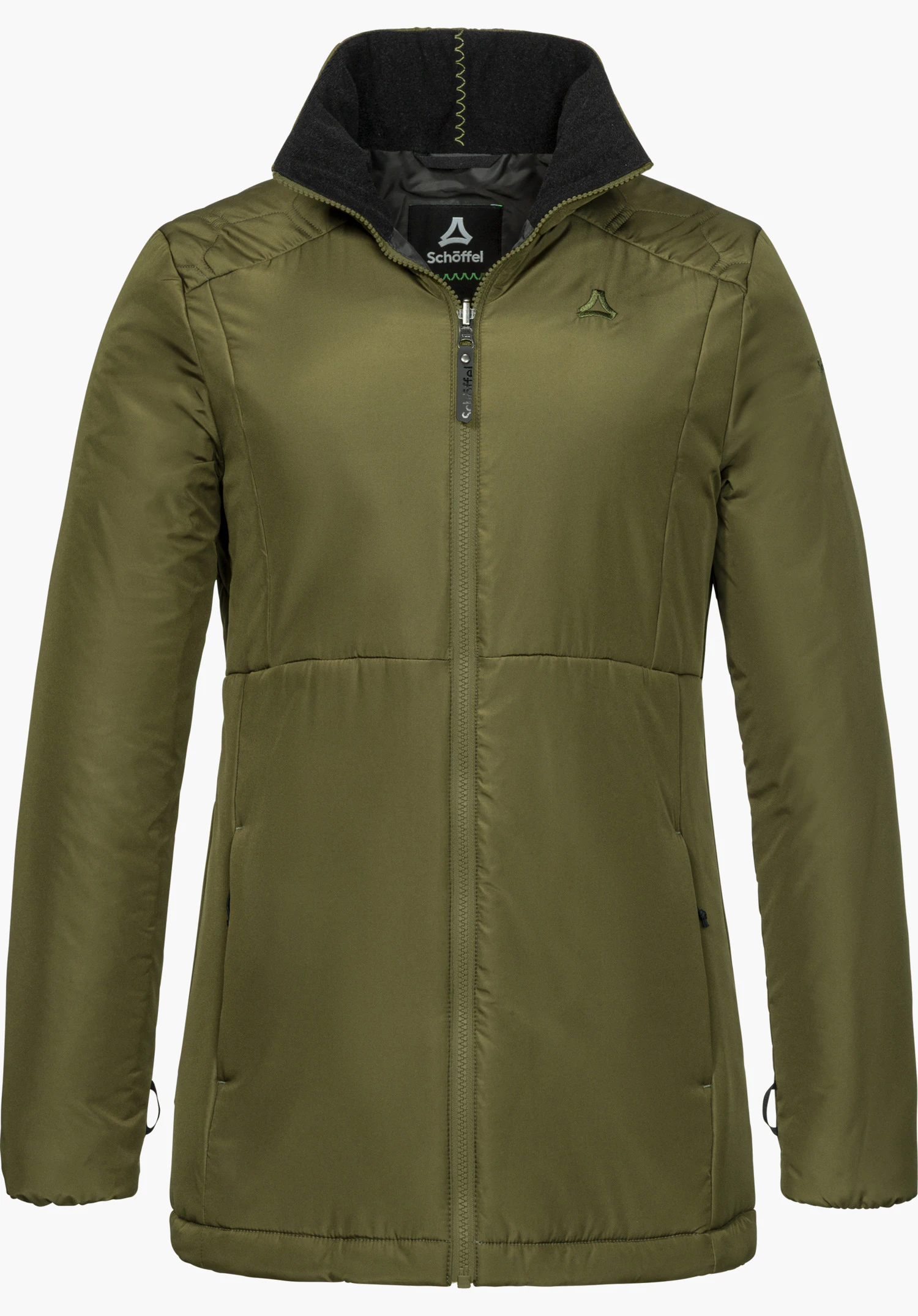 3in1 Parka Style Borkol WMS in Grün mit schwarzem Innenkragen, durchgehendem Reißverschluss und sichtbarem Schöffel-Logo auf der Brust, freigestellt vor weißem Hintergrund.