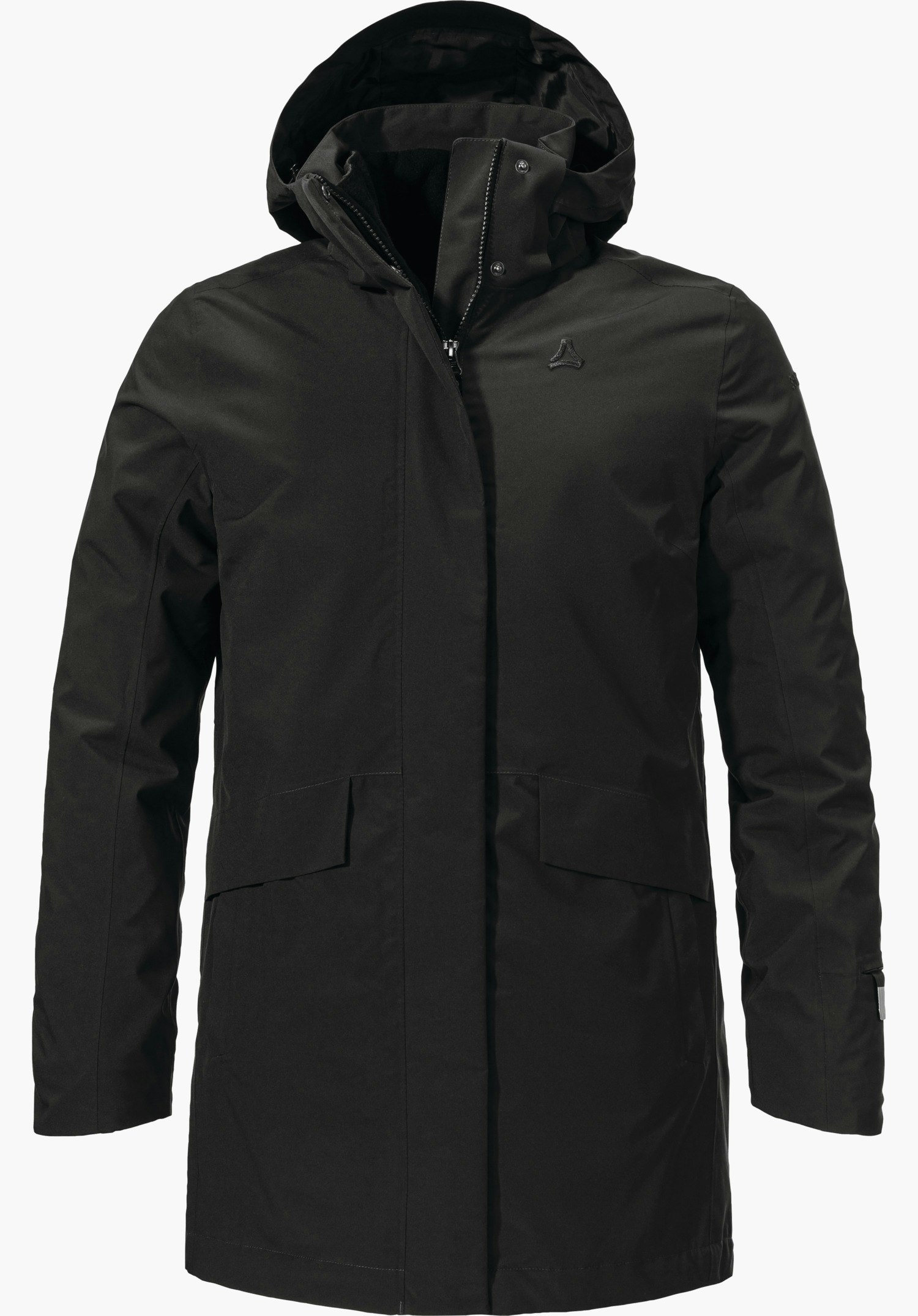 3in1 Parka Style Borkol WMS Zwarte parka, gepresenteerd met gesloten voorkant en capuchon; Schöffel-logo op de borst; recht gesneden mouwen, vrijstaand tegen witte achtergrond.