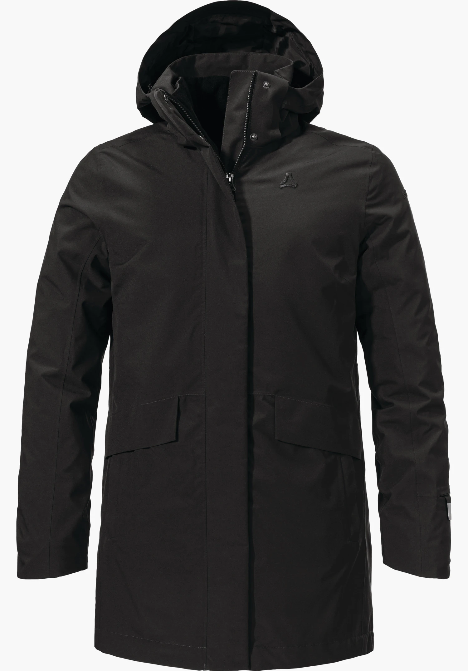 3in1 Parka Style Borkol WMS Zwarte parka, gepresenteerd met gesloten voorkant en capuchon; Schöffel-logo op de borst; recht gesneden mouwen, vrijstaand tegen witte achtergrond.