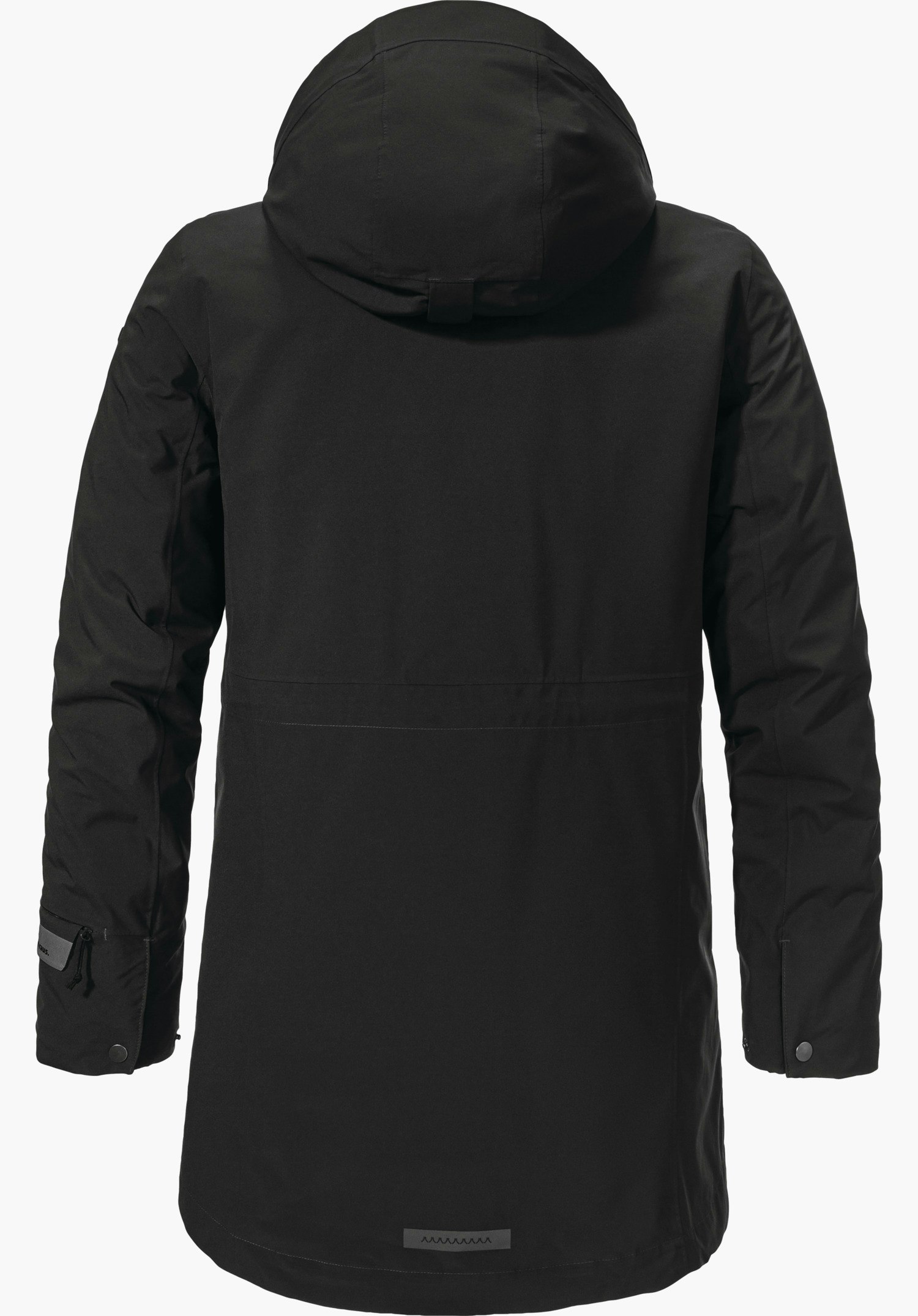 3in1 Parka Style Borkol WMS Zwarte parka, achteraanzicht; capuchon op, mouwen los; lange waterdichte mantel met kleine reflecterende patch; neutrale lichtgrijze achtergrond.