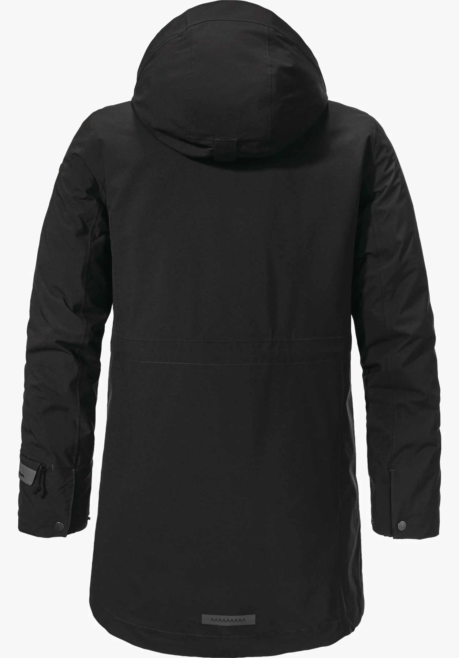 3in1 Parka Style Borkol WMS Zwarte parka, achteraanzicht; capuchon op, mouwen los; lange waterdichte mantel met kleine reflecterende patch; neutrale lichtgrijze achtergrond.