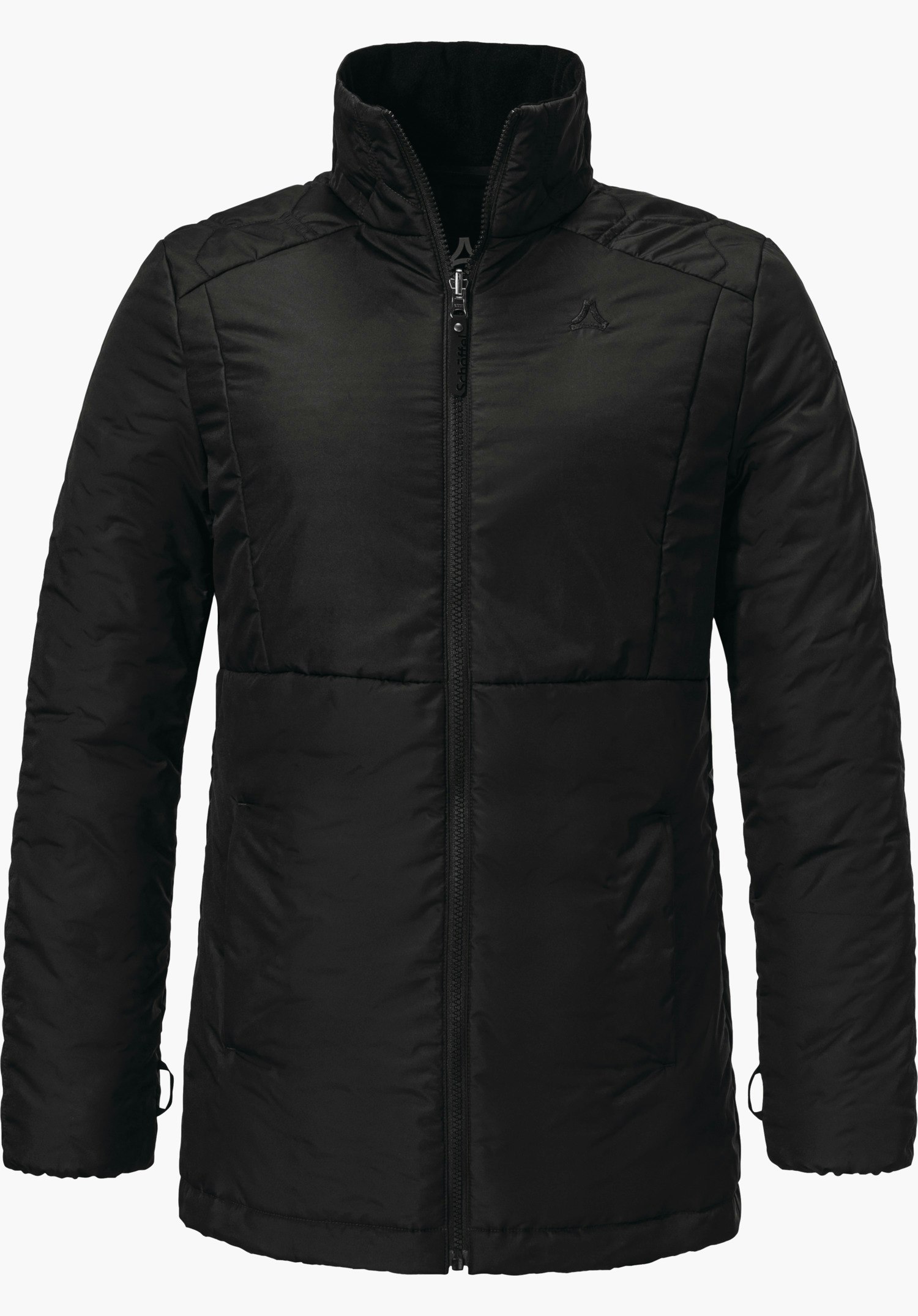 3in1 Parka Style Borkol WMS zwarte jas met gesloten ritssluiting, frontaal afgebeeld; Schöffel-logo op de borst; opschrift "Schöffel" op de ritssluiting; witte achtergrond.